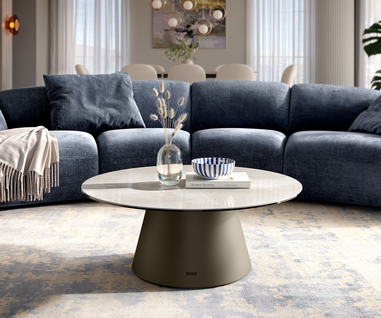 Table basse Edge ronde 90x90 cm céramique Onyx Champagne Borna finition effet titane 2