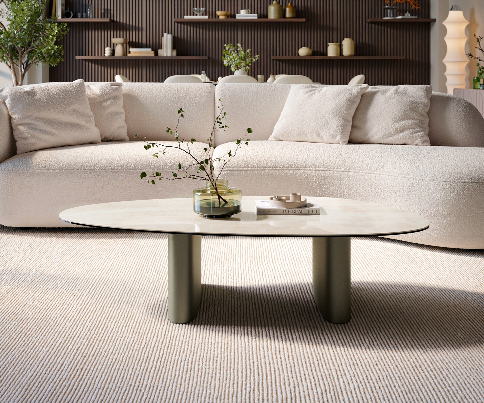 Table basse Edge ovale 140x75 cm céramique Onyx Champagne Ovada finition effet titane