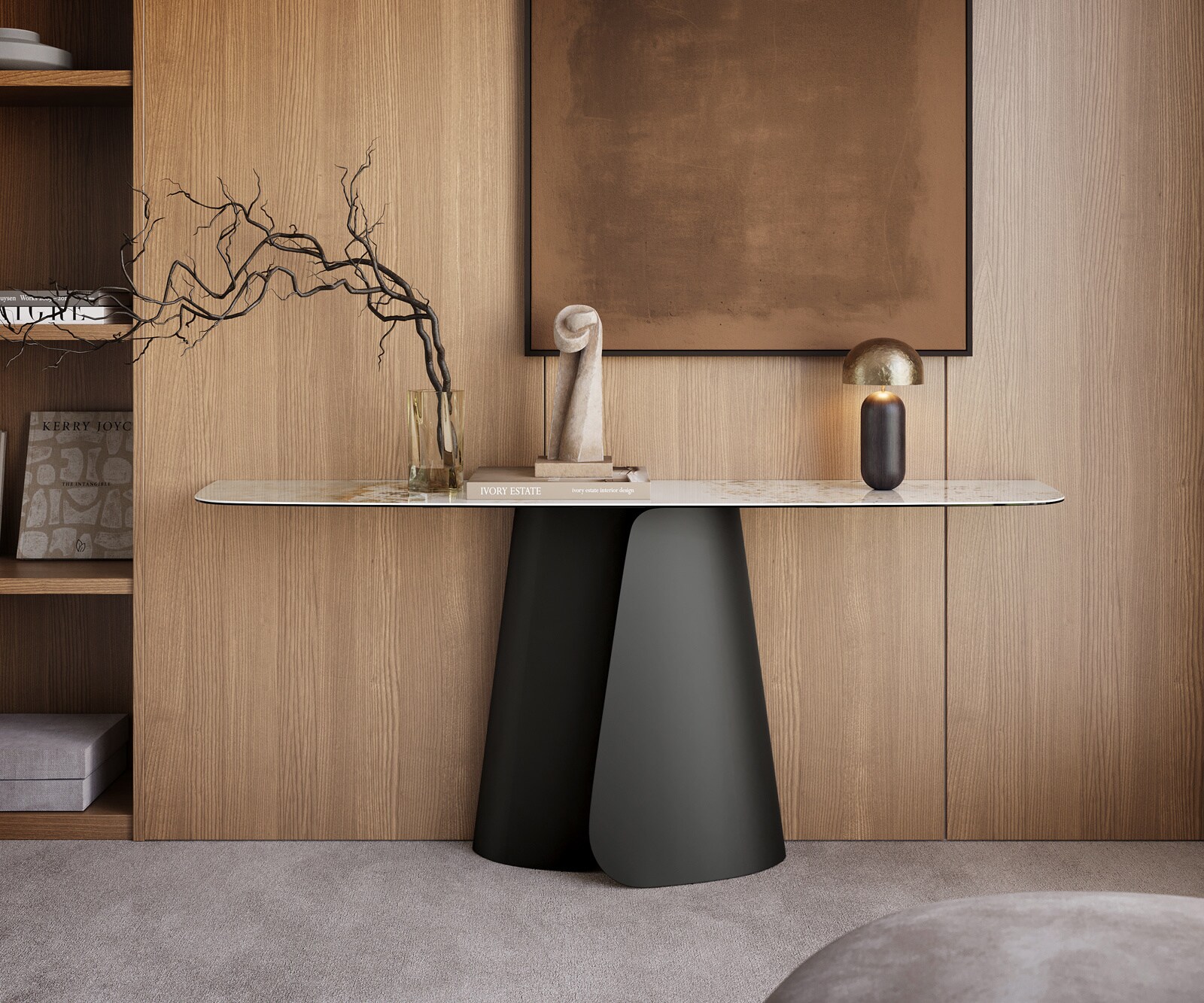 Console Edge forme bateau 180x40 cm Céramique Minas Melange Weiß-Beige Livos Métal Noir 4