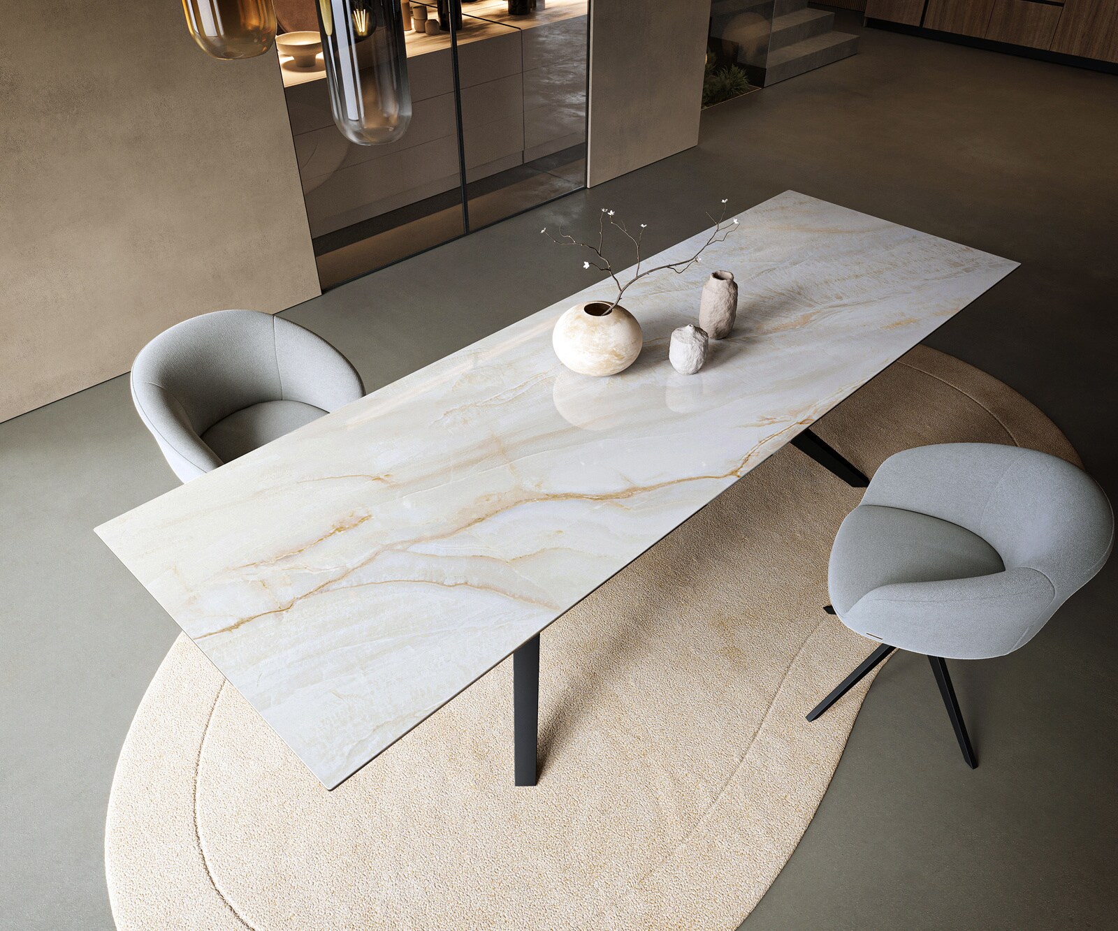 Table à manger Edge 300x100 cm céramique Onyx Pearl Zenthara angulaire métal noir 3