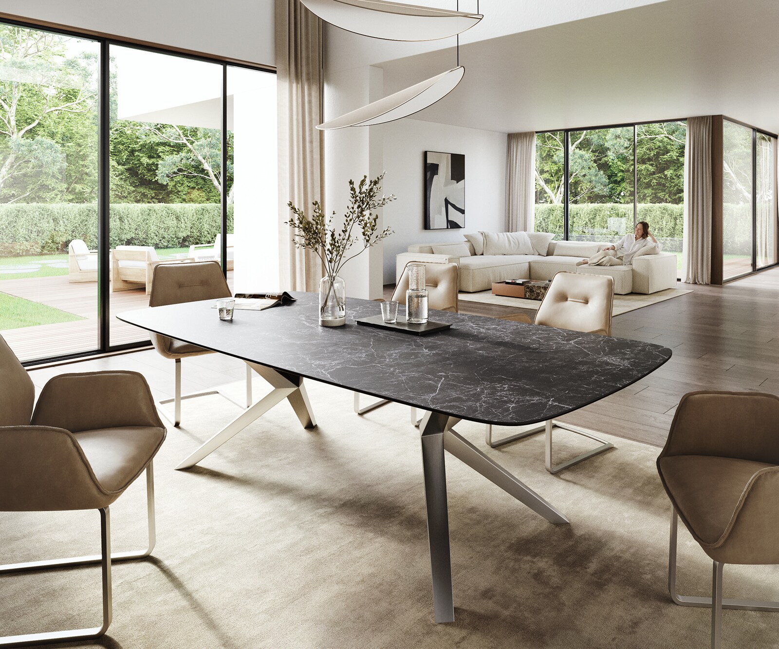 Table à manger Edge Boot 260x120 cm Céramique Laminam® Nero Greco Anthracite Zenthara anguleux Acier inoxydable