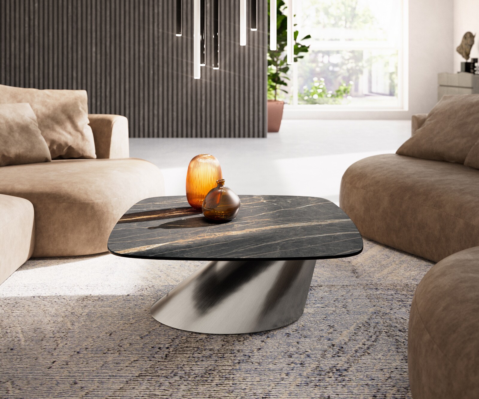 Couchtisch Edge Boot 90x90 cm Keramik Laminam® Noir Desir Braun Conis Edelstahl gebürstet 2