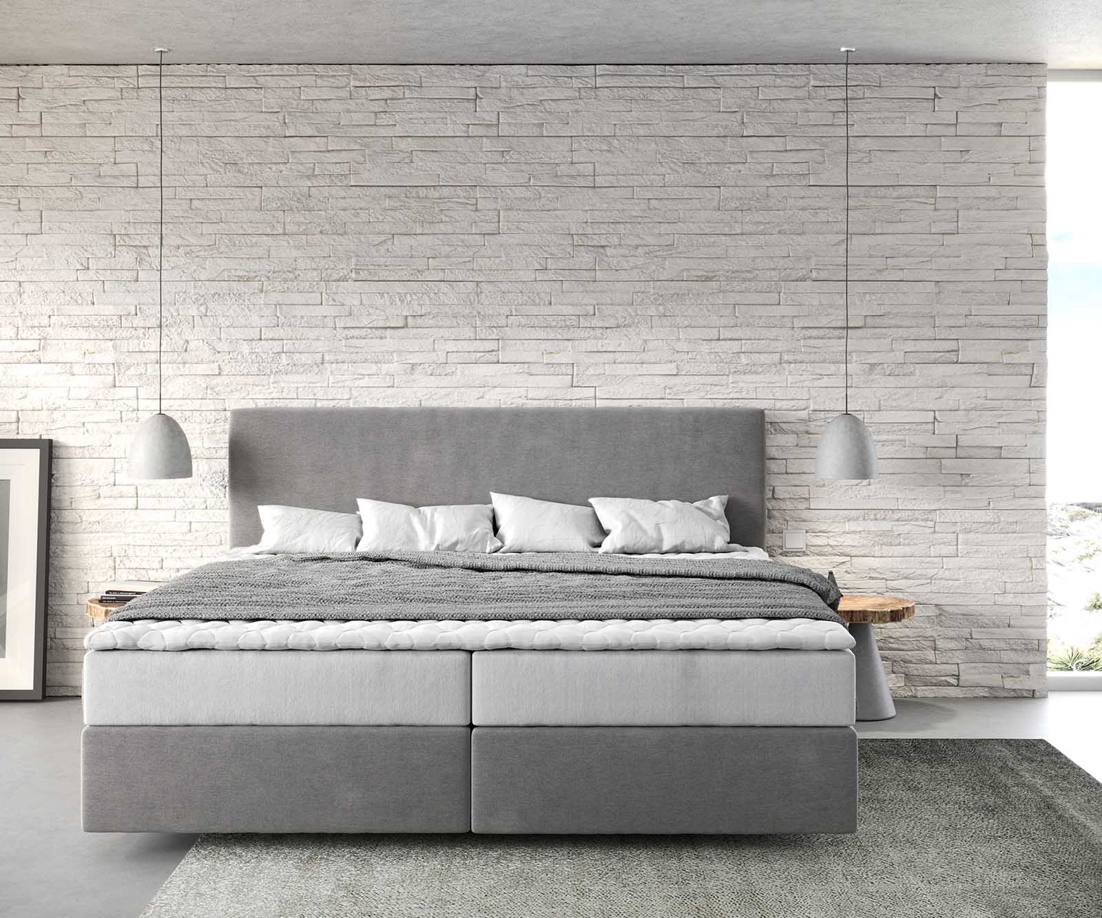Lit à sommier tapissier Dream-Well Microfibre Gris 200x200 cm avec matelas à ressorts ensachés et topper Visco 1