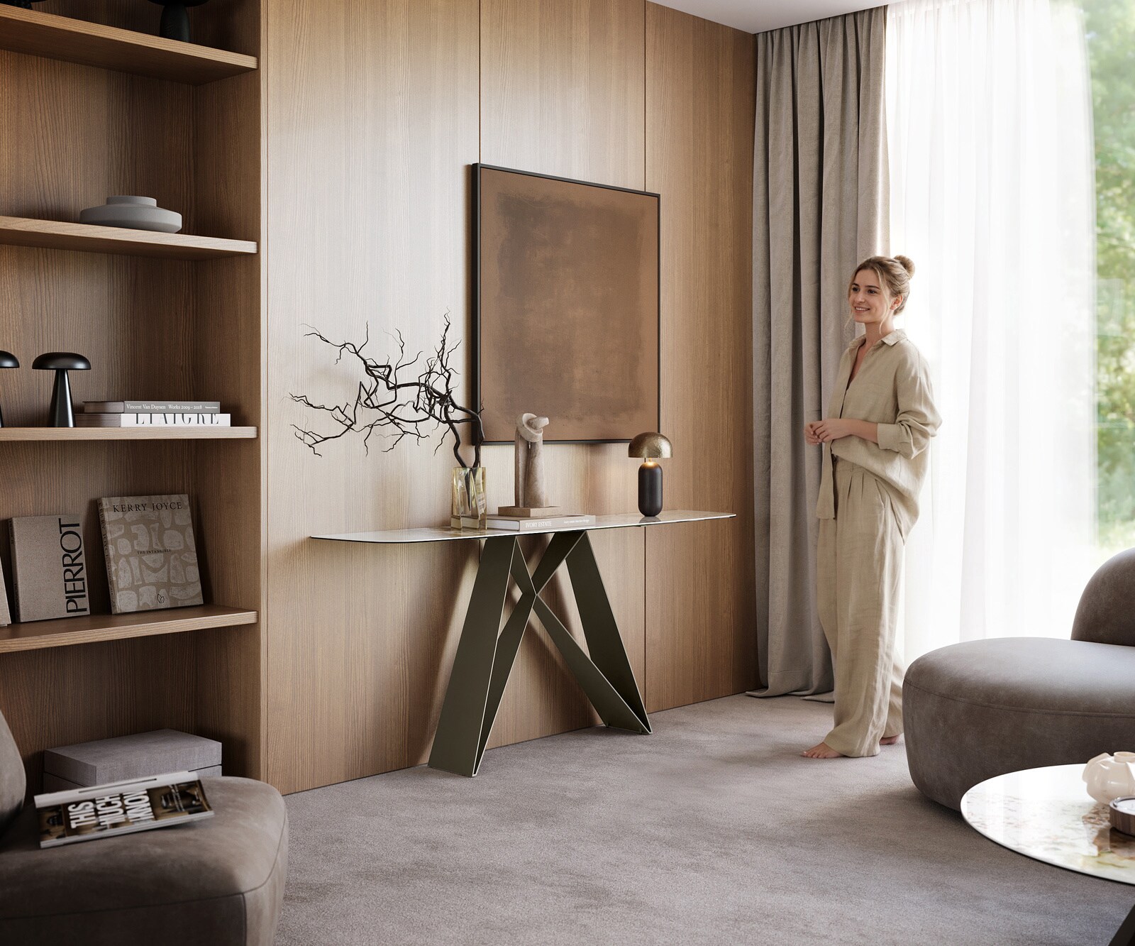 Konsolentisch Edge Boot 180x40 cm Keramik Minas Melange Weiß-Beige Velio Metall Effektfinish Titan 7