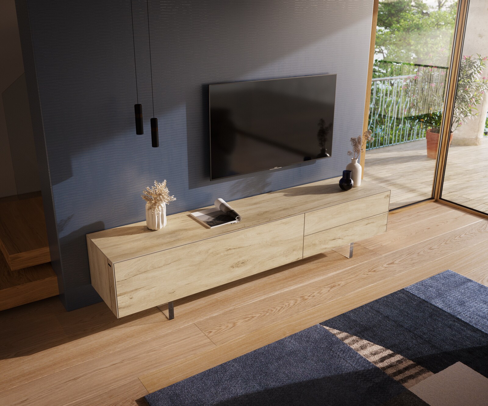 Lowboard Cuor 220 cm Keramik Laminam® Sabbia Eichefarbig 1 Klappe 2 Schubfächer Fuß Schwebeoptik Acrylglas 3