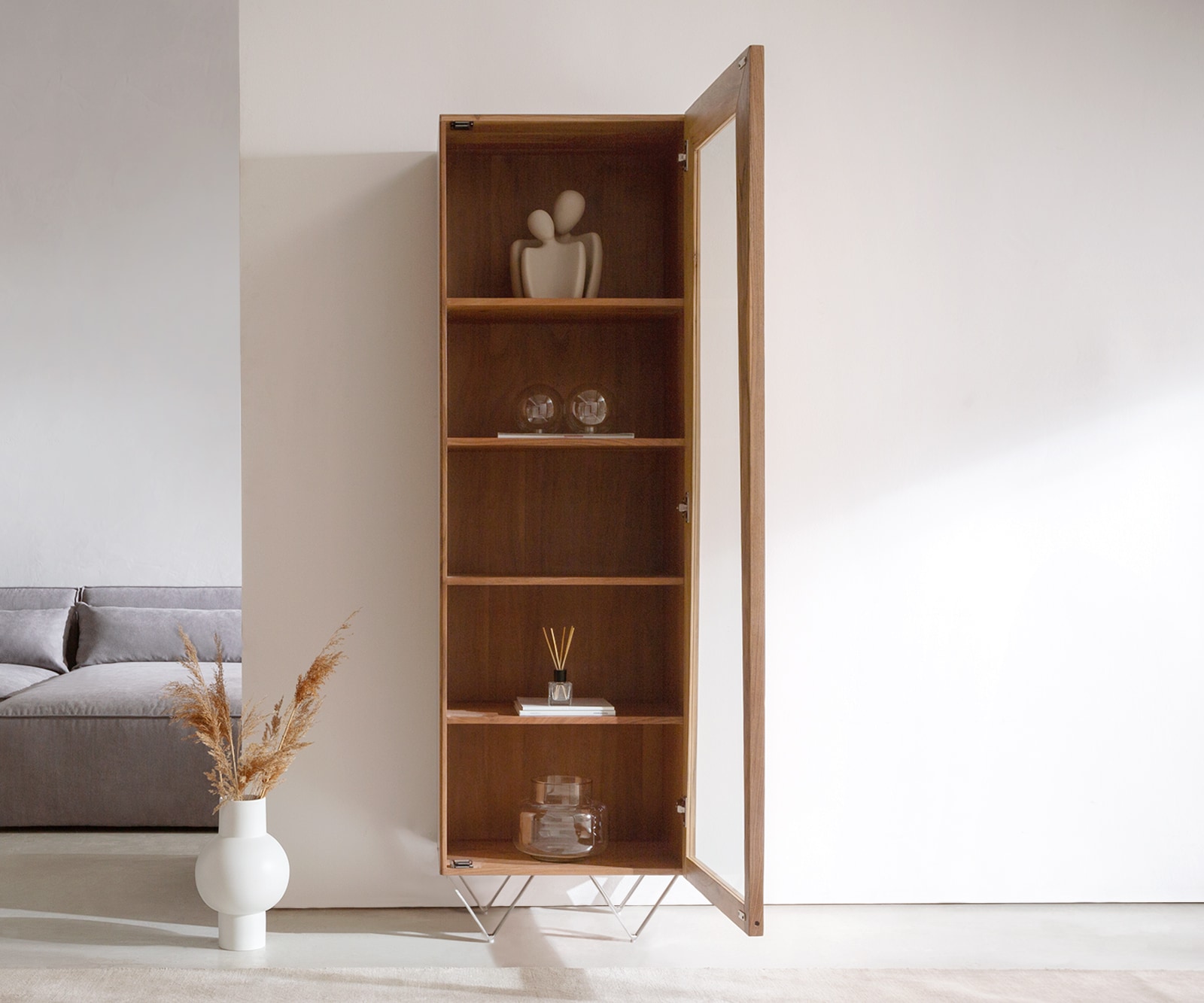 Buffet-haut Kayu 55x180 cm acacia naturel vitrine 1 porte pied en V 3 Buffet-haut Kayu 55x180 cm acacia naturel vitrine 1 porte pied en V 3