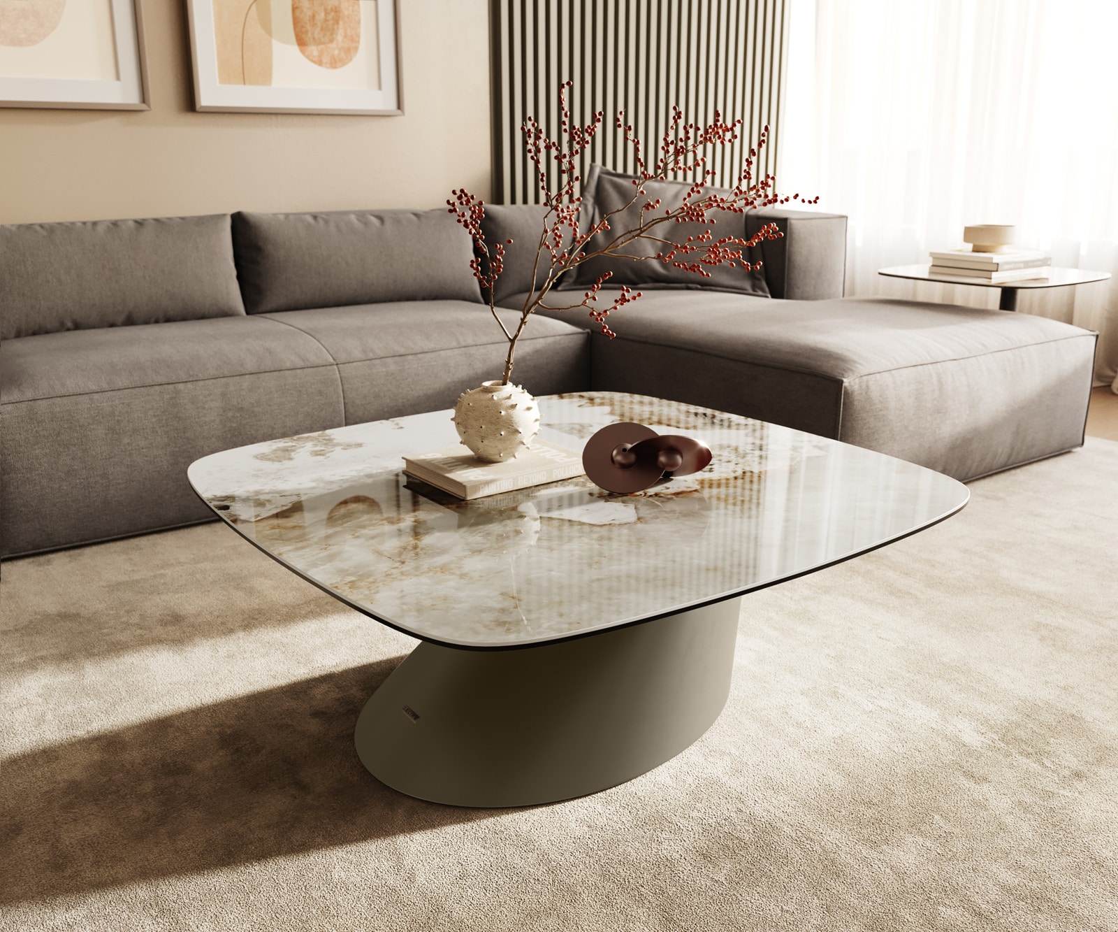 Couchtisch Edge Boot 90x90 cm Keramik Minas Melange Conis Metall Effektfinish Titan 1