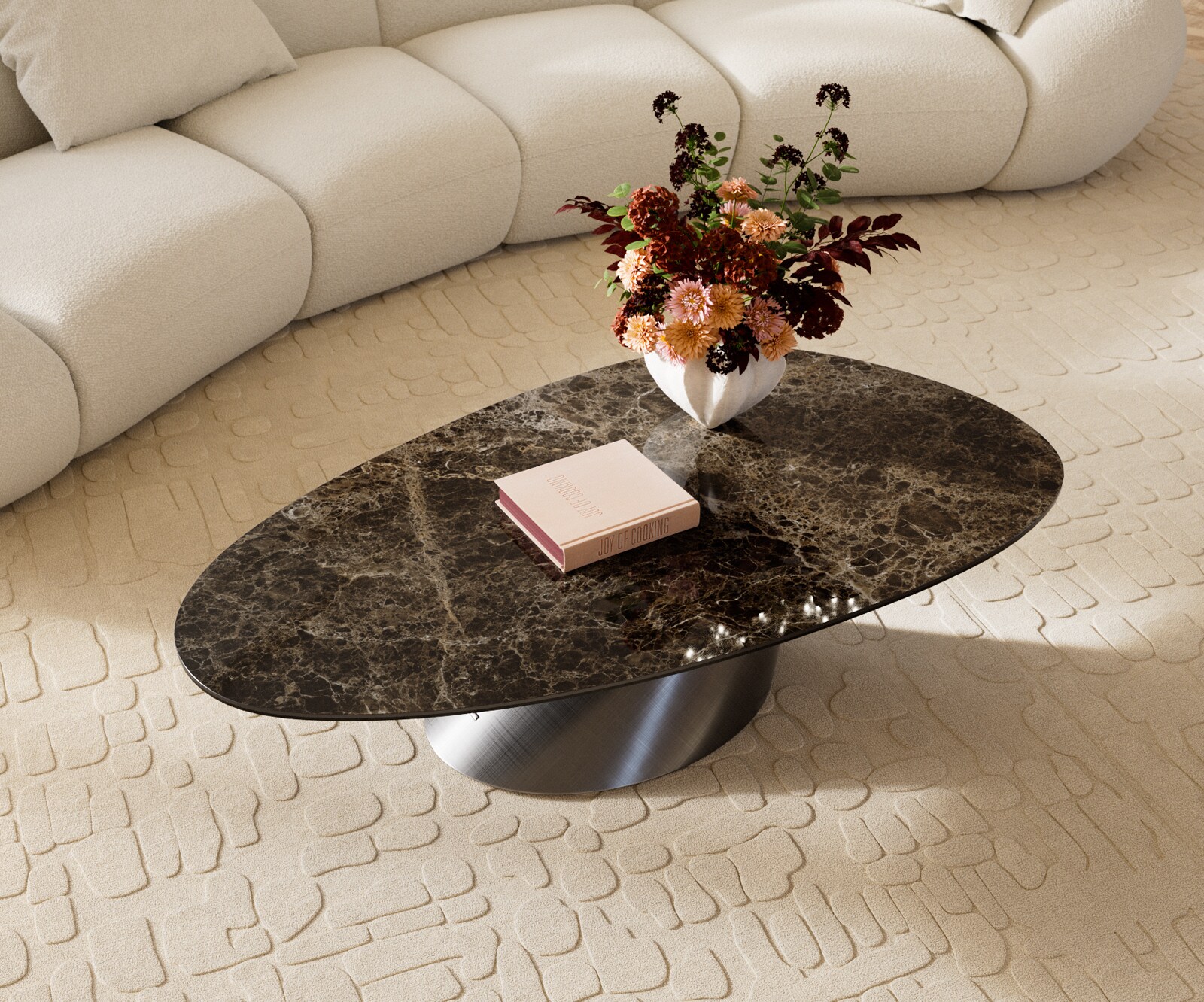 Table basse Edge Oval 140x75 cm céramique Laminam® Emperador Extra Lucidato brun foncé Conis argent métallique 3