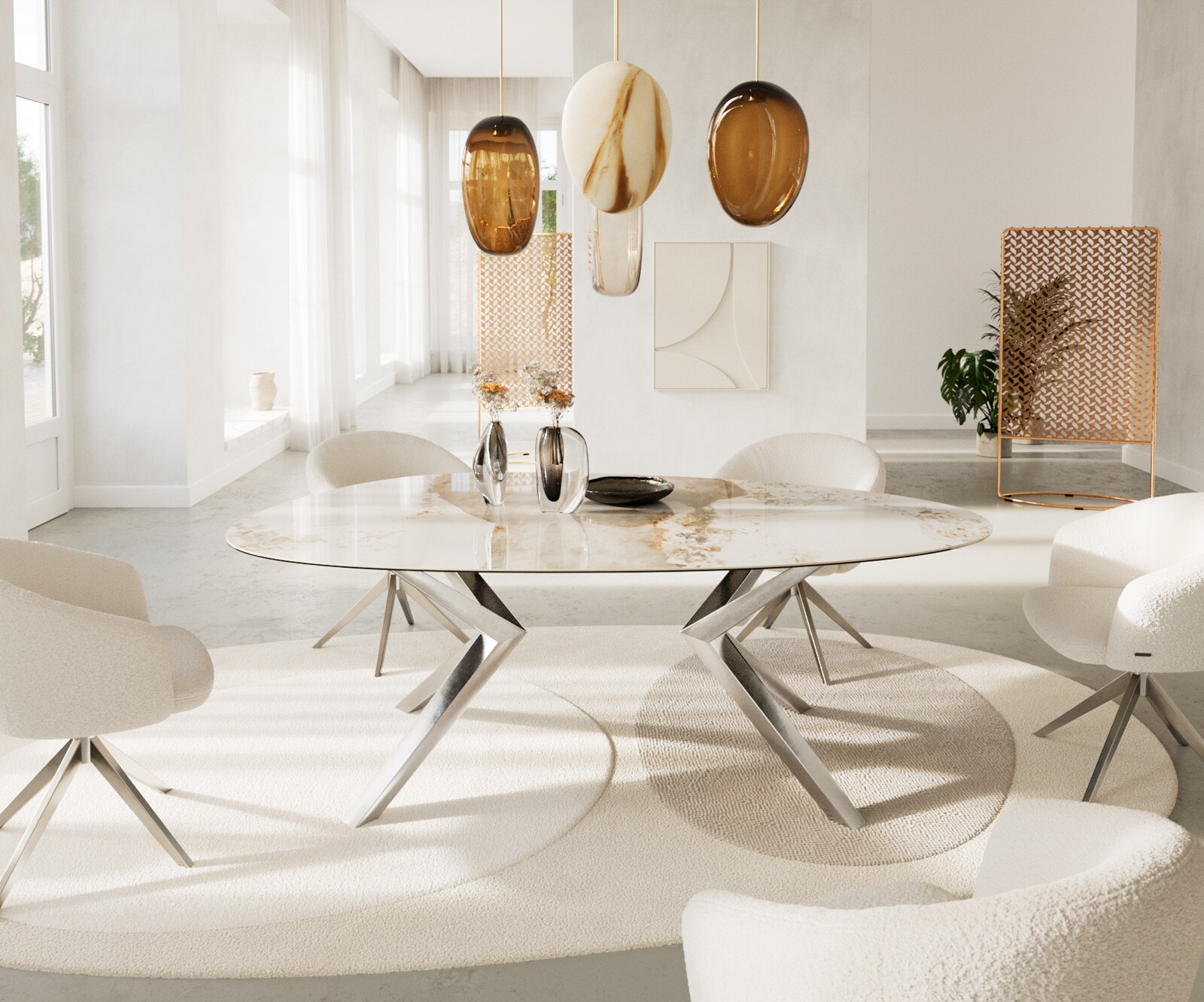 Esstisch Edge Oval 220x120 Keramik Minas Melange Weiß-Beige Zenthara kantig Edelstahl 1