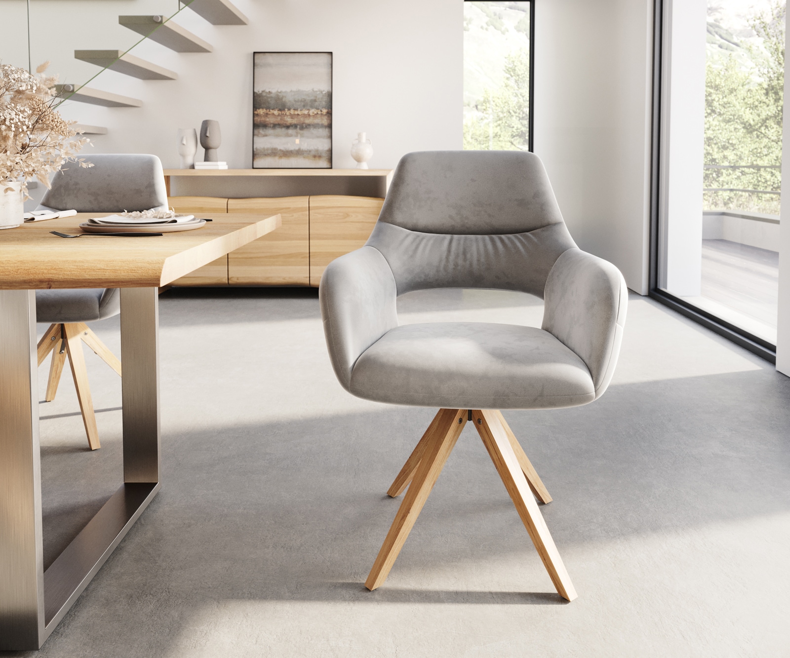 Esszimmerstuhl Yago-Flex mit Armlehnen Samt Grau Holzgestell kantig Natur Taschenfederkern 1 Esszimmerstuhl Yago-Flex mit Armlehnen Samt Grau Holzgestell kantig Natur Taschenfederkern 1