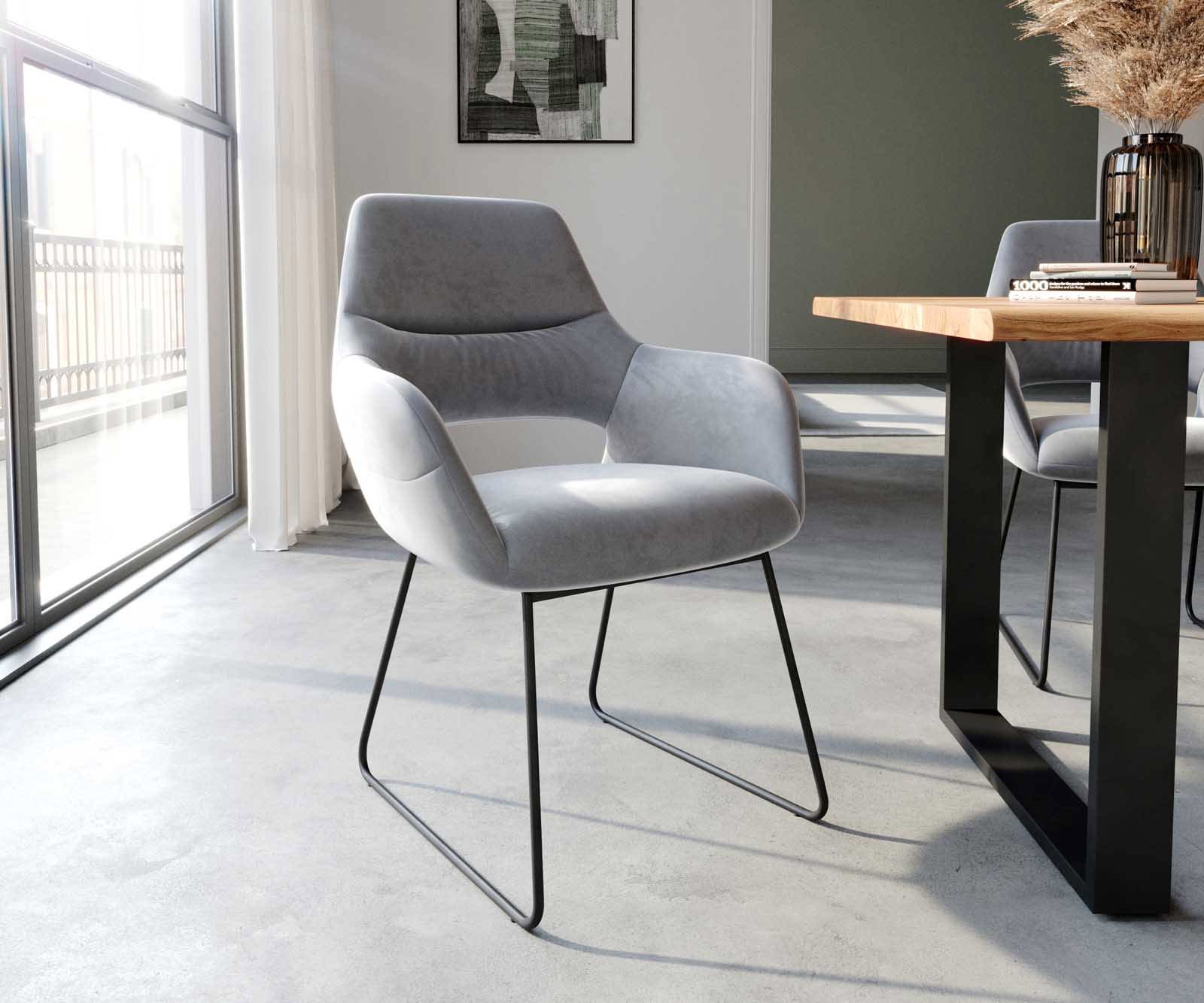 Chaise-de-salle-à-manger Yago-Flex avec accoudoirs velours gris pied trapèze noir ressorts ensachés 1