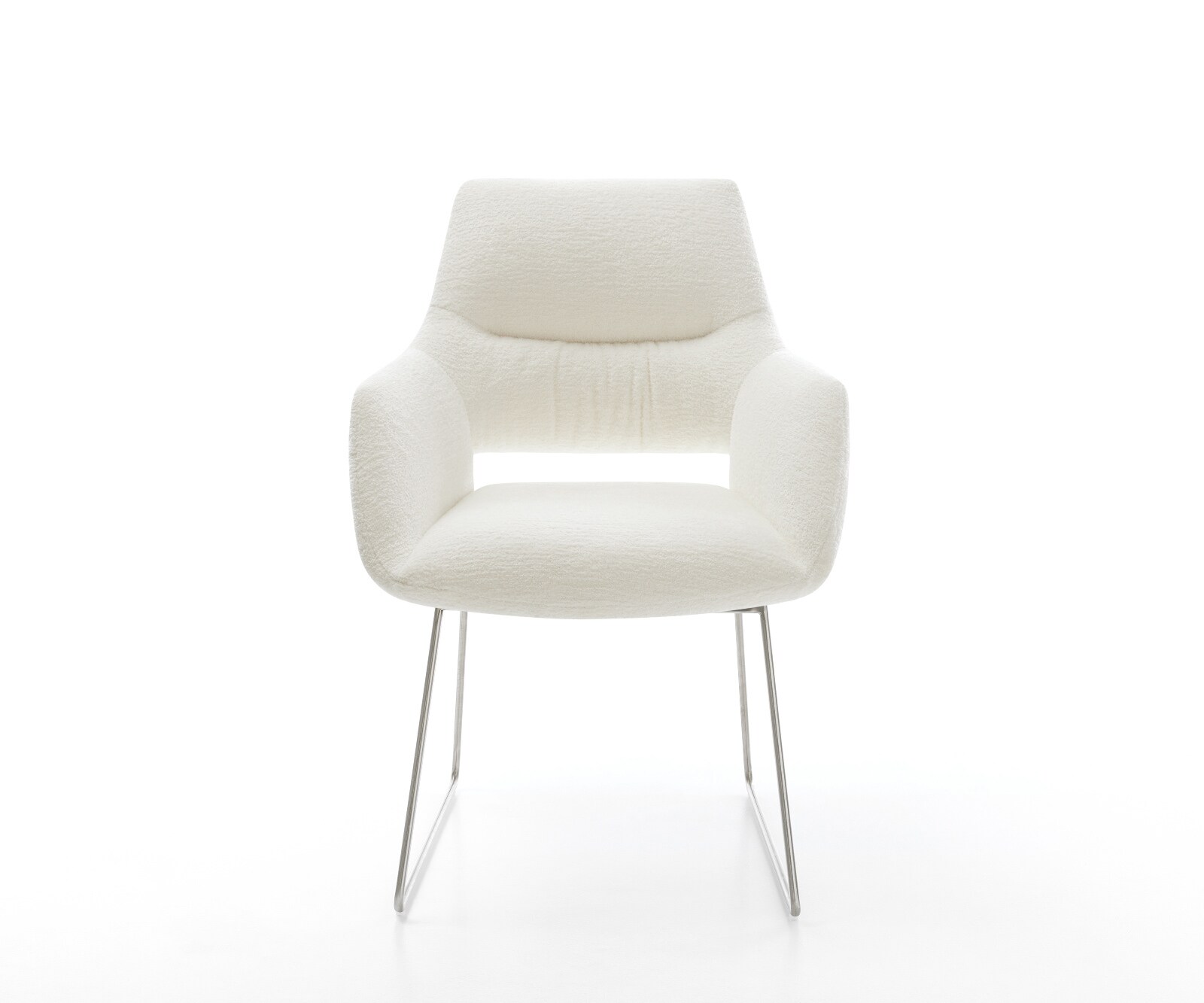 Chaise-de-salle-à-manger Yago-Flex avec accoudoirs bouclé doux beige pied trapèze acier inoxydable resorts ensachés 1