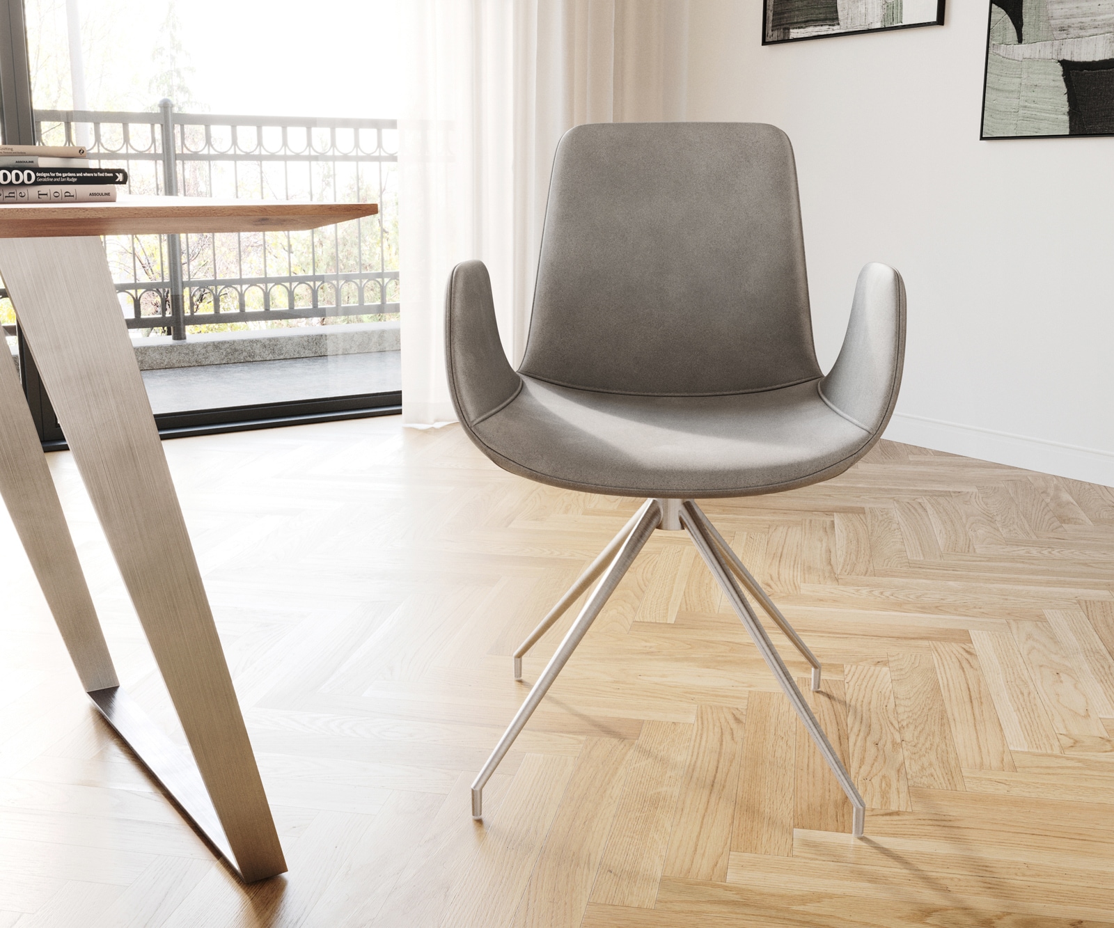 Esszimmerstuhl Ilia-Flex mit Armlehnen Samt Grau Kreuzgestell konisch Edelstahl 1 Esszimmerstuhl Ilia-Flex mit Armlehnen Samt Grau Kreuzgestell konisch Edelstahl 1