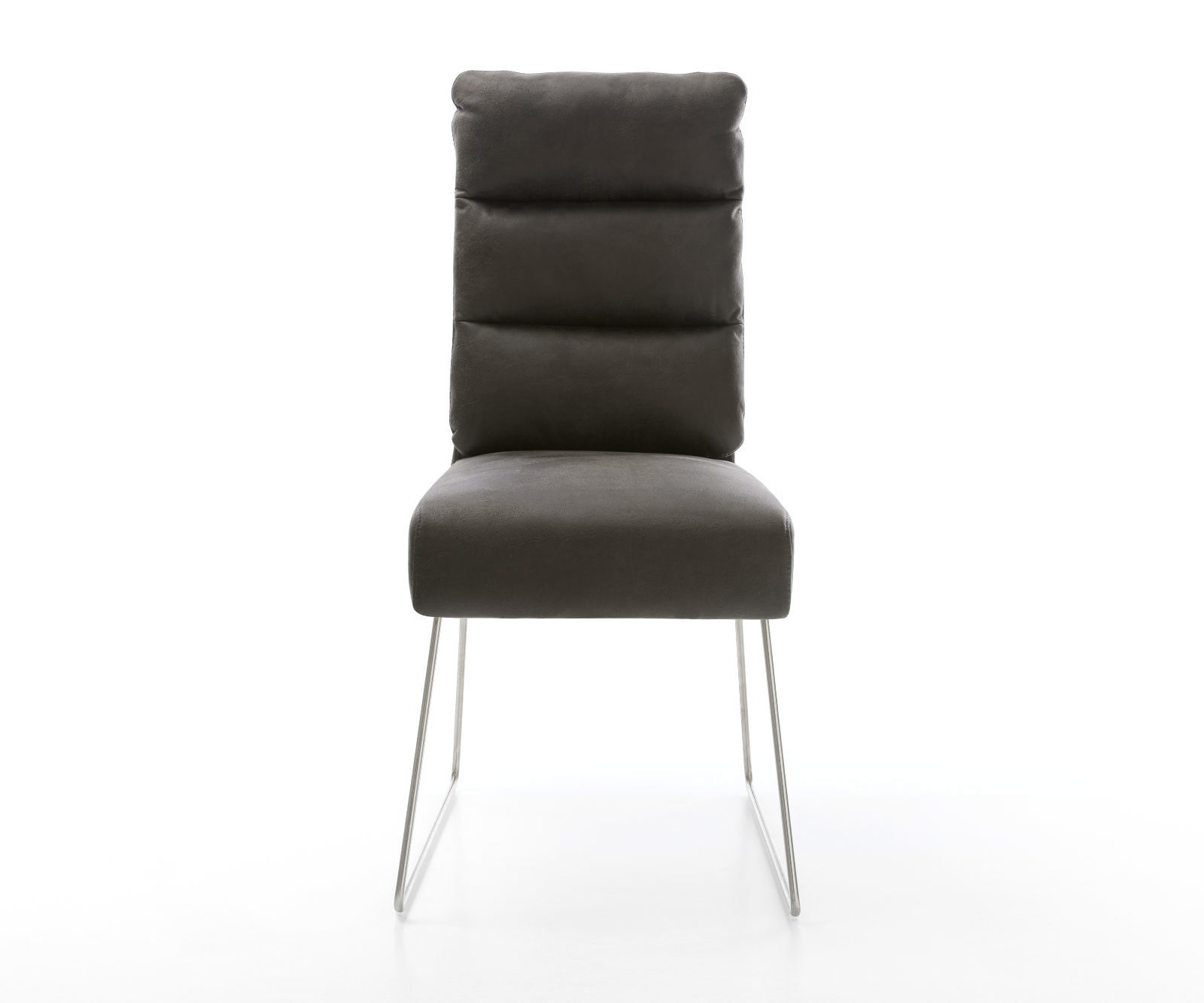Chaise-de-salle-à-manger Pela-Flex microvelours anthracite vintage pied trapèze acier inoxydable brossé ressorts ensachés 1 Chaise-de-salle-à-manger Pela-Flex microvelours anthracite vintage pied trapèze acier inoxydable brossé ressorts ensachés 1
