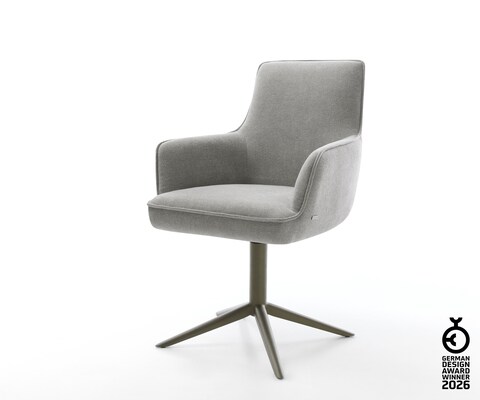 Chaise-pivotante Heira-Flex avec accoudoirs tissu structuré doux gris pied de chaise 4 branches aspect titane pivotement sur 360° fonction bascule resorts ensachés