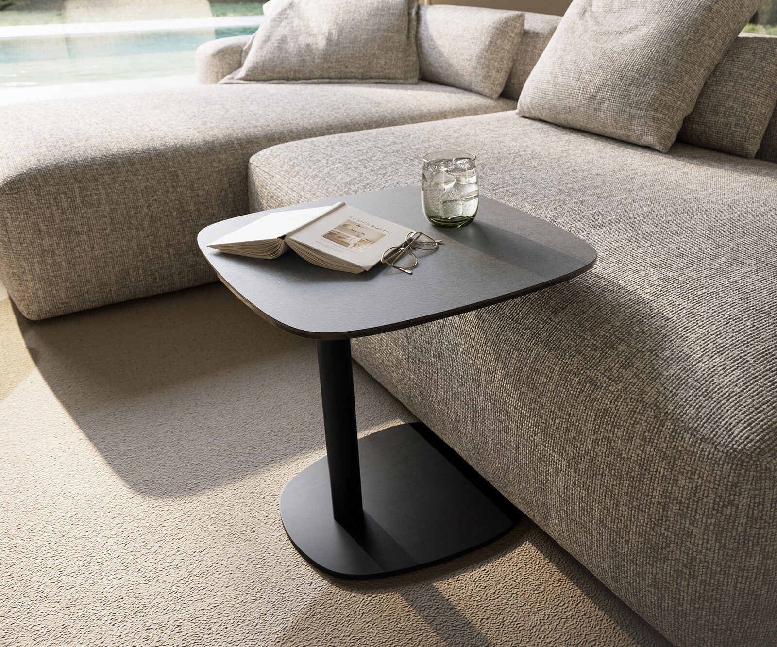 table d’appoint Edge forme bateau 50x50 cm céramique béton gris Eleny métal noir 1