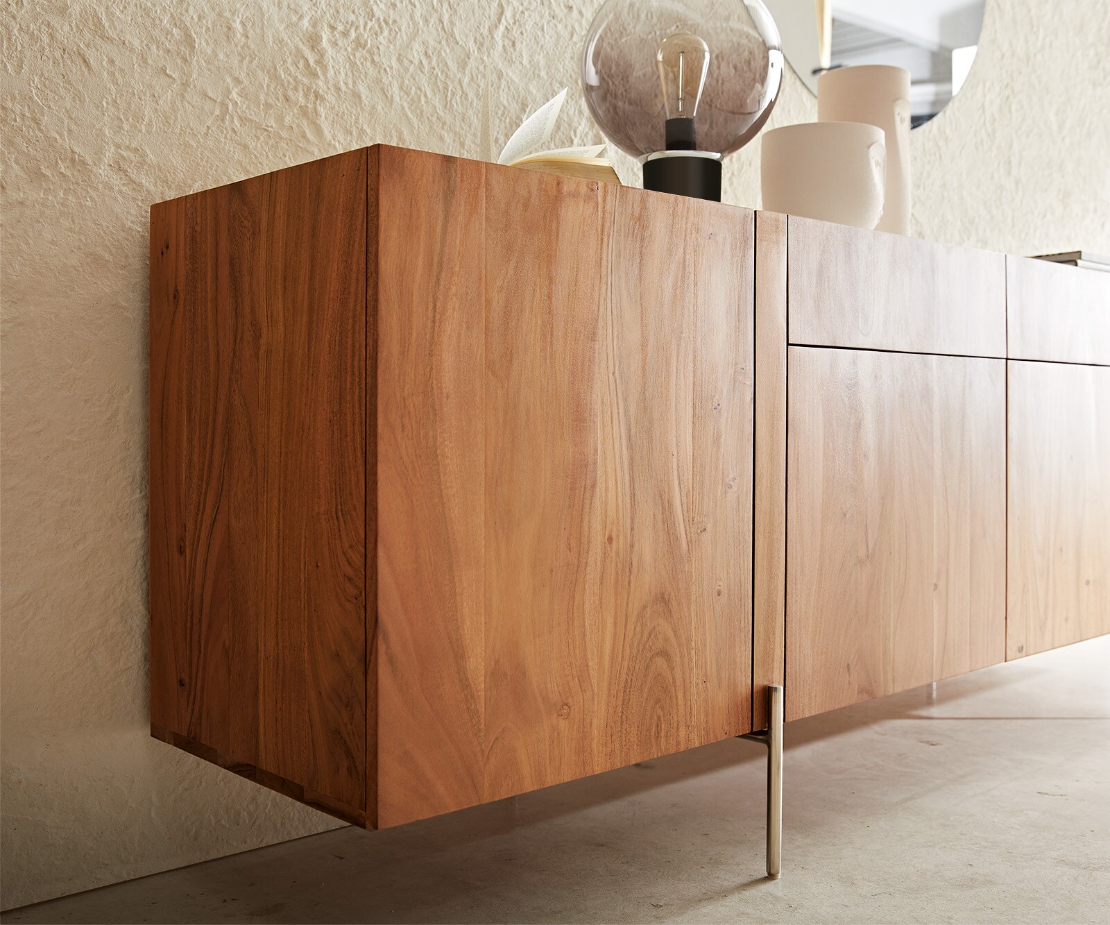 Buffet Secara 200 cm acacia naturel 4 portes 2 tiroirs marbre pieds inoxydable 5