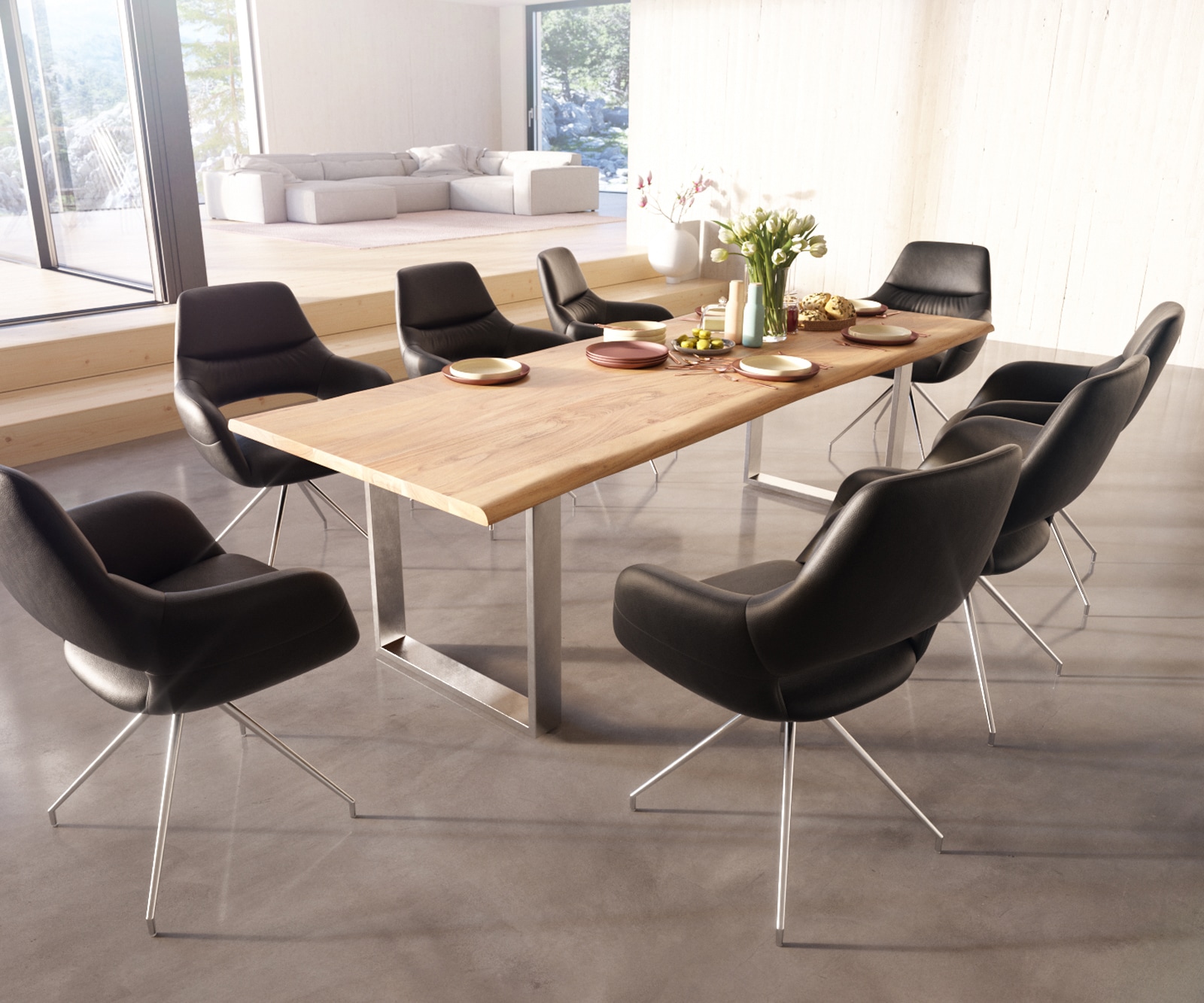 Esszimmerstuhl Yago-Flex mit Armlehnen Echt-Leder Schwarz Kreuzgestell konisch Edelstahl Taschenfederkern 3 Esszimmerstuhl Yago-Flex mit Armlehnen Echt-Leder Schwarz Kreuzgestell konisch Edelstahl Taschenfederkern 3