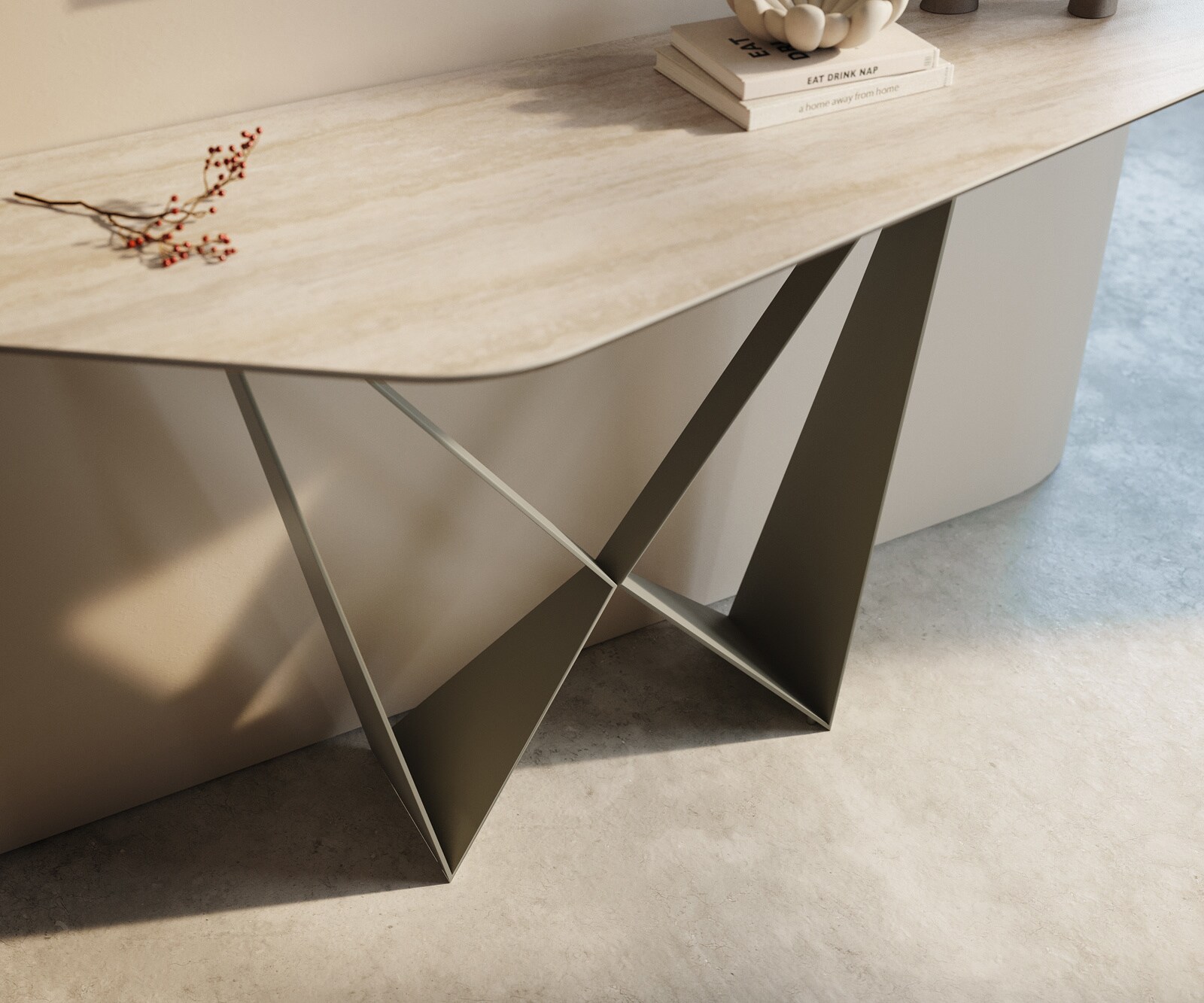 Konsolentisch Edge Polygonal 140x50 cm Keramik Laminam® Travertino Bianco Creme-Weiß Spios Metall Effektfinish Titan 6