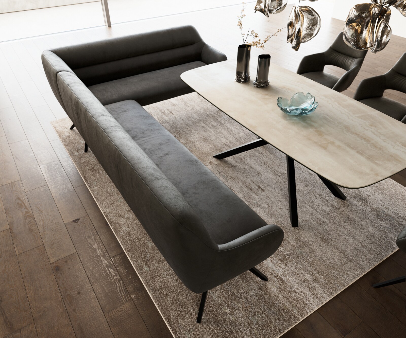 Esszimmerbank Taya-Flex 285x190 cm Mikrofaser Anthrazit Vintage Kreuzgestell kantig Schwarz Taschenfederkern Links 3