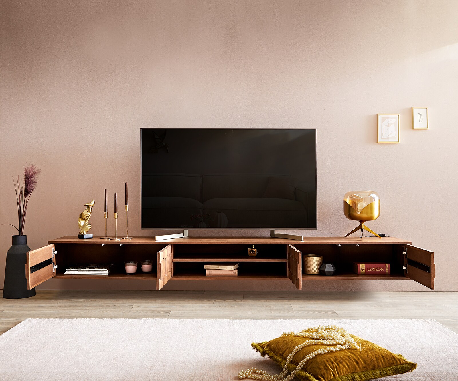 Buffet bas Fevo 240 cm acacia marron 4 portes flottant 3