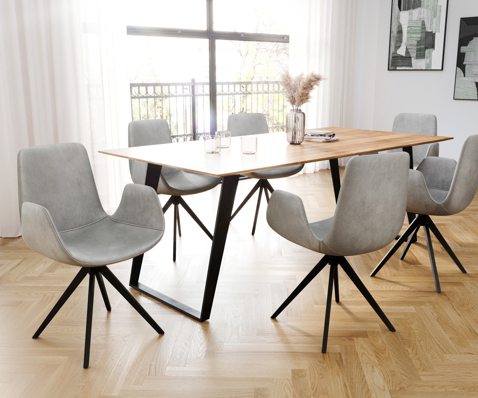 Esszimmerstuhl Ilia-Flex mit Armlehnen Samt Grau Kreuzgestell kantig Schwarz 3 Esszimmerstuhl Ilia-Flex mit Armlehnen Samt Grau Kreuzgestell kantig Schwarz 3