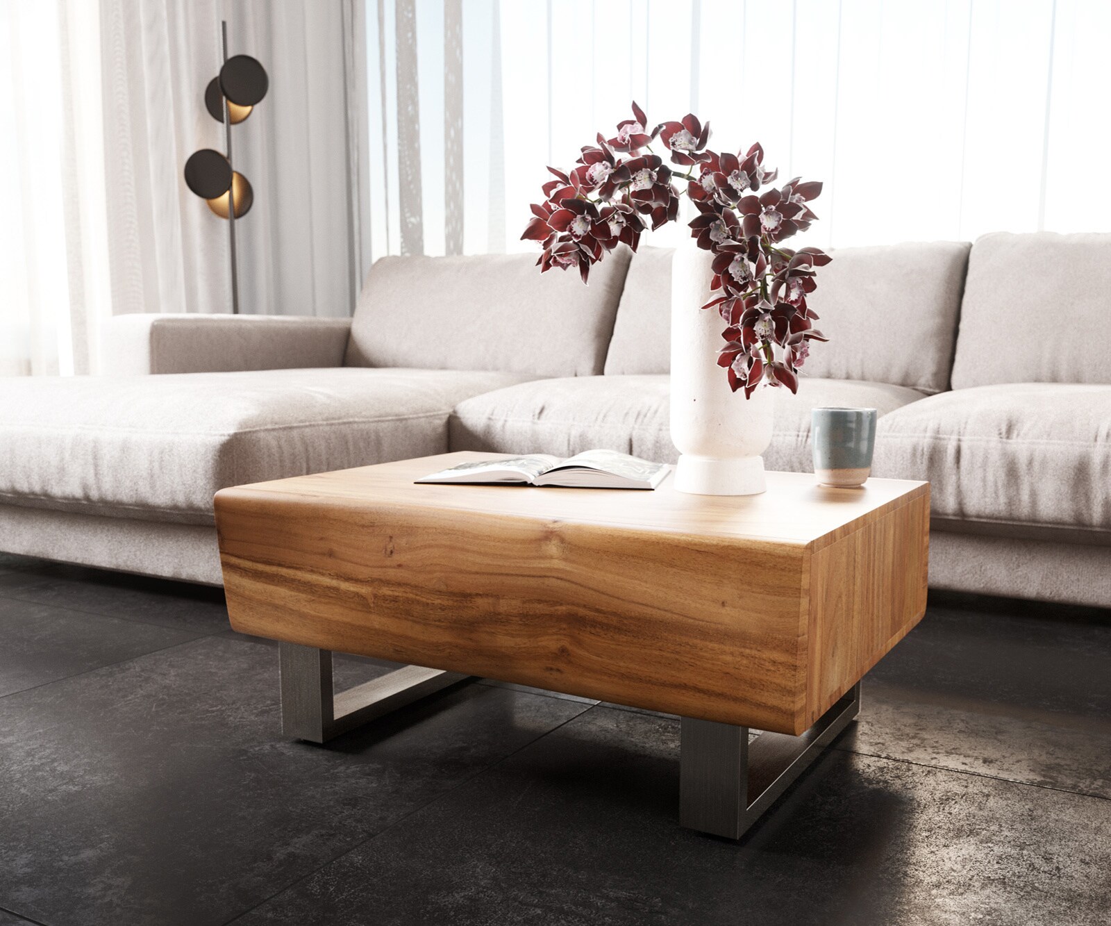 Wohnzimmertisch New Live-Edge Akazie Natur 80x60 cm 2 Schubladen Kufe Edelstahl gebürstet Couchtisch