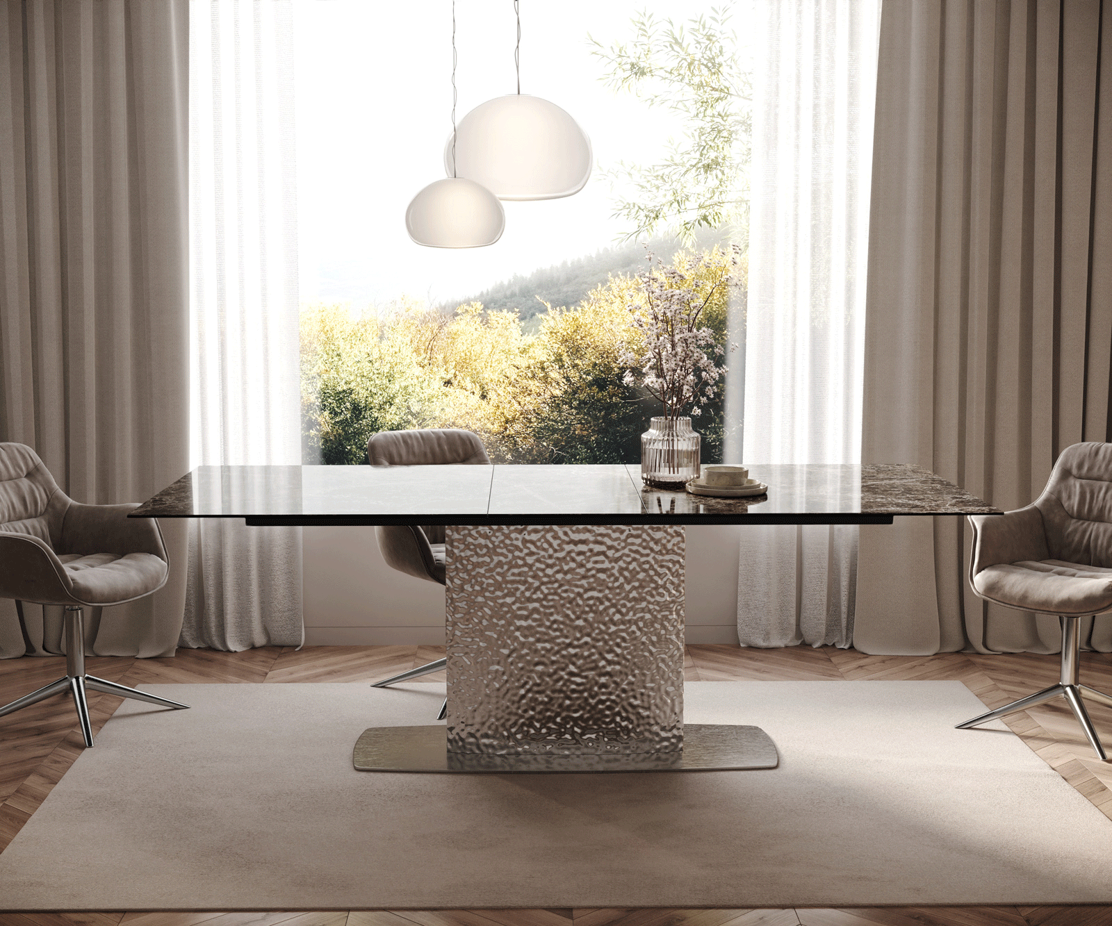 Esstisch Edge 180-220x100 Keramik Emperador Extra Lucidato Dunkelbraun Wave Edelstahl ausziehbar 1
