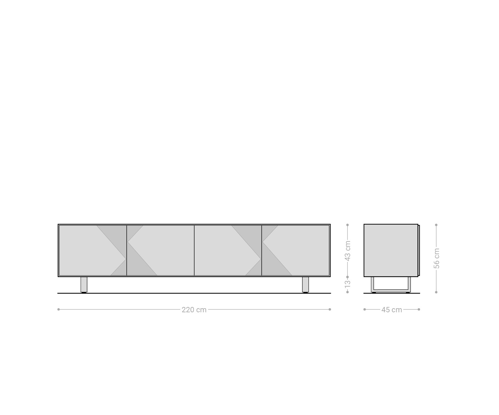 Lowboard Tereos 220 cm Esche Dunkelbraun 3D Effekt 4 Türen Kufe Edelstahl gebürstet 6