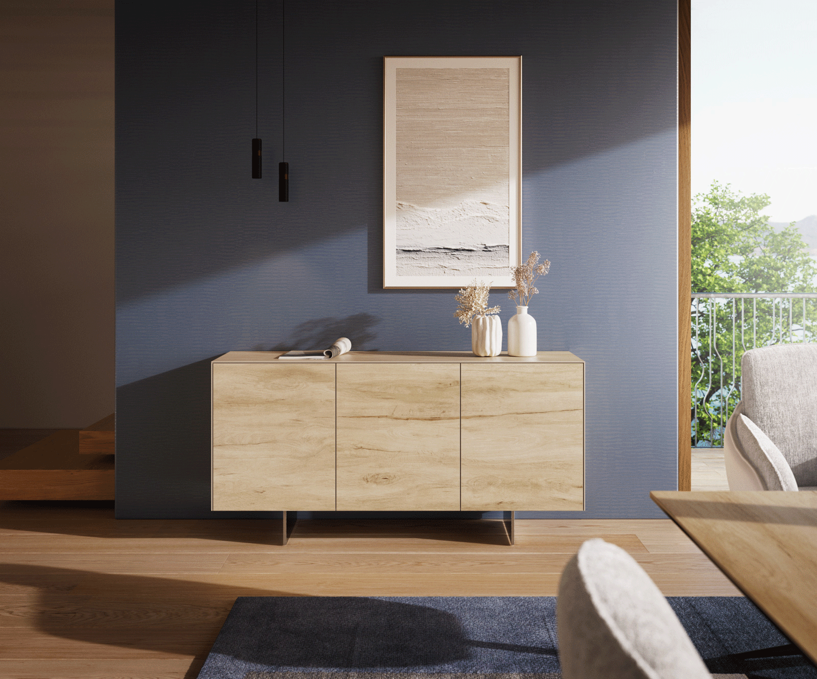 Sideboard Cuor 150 cm Keramik Laminam® Sabbia Eichefarbig 3 Türen Fuß Schwebeoptik Edelstahl 1