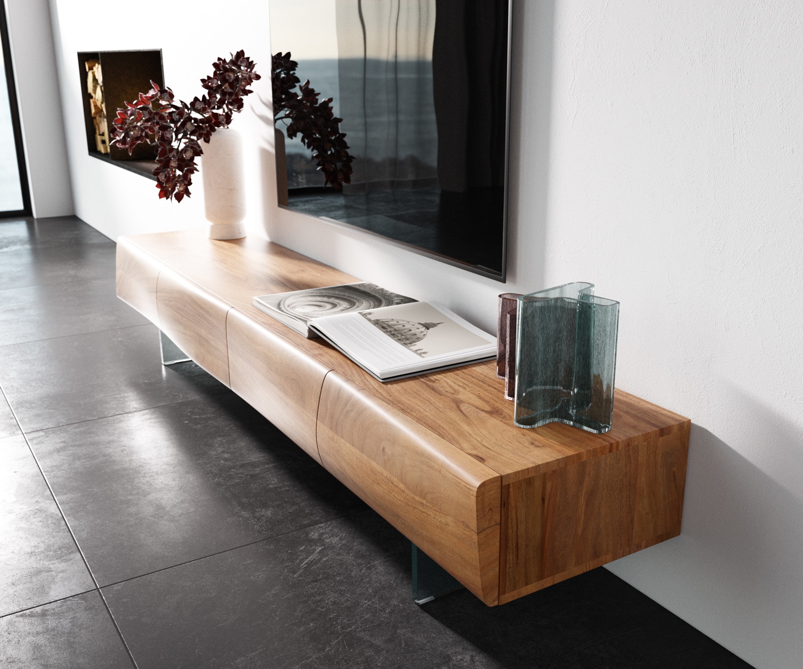 Meuble - TV New Live-Edge 200 cm acacia naturel 4 portes pied en verre 1 Meuble - TV New Live-Edge 200 cm acacia naturel 4 portes pied en verre 1