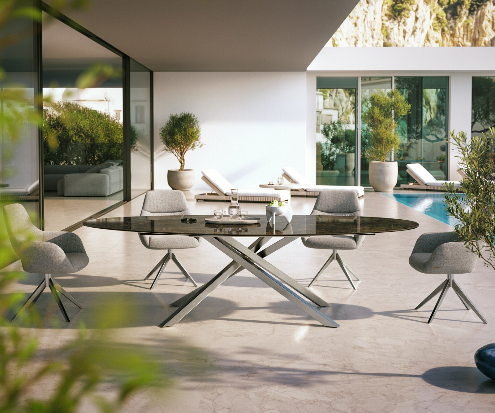 Outdoortisch Edge Oval 280x130 cm Keramik Laminam® Emperador Extra Lucidato Dunkelbraun Kreuzgestell Rechteck Edelstahl 2