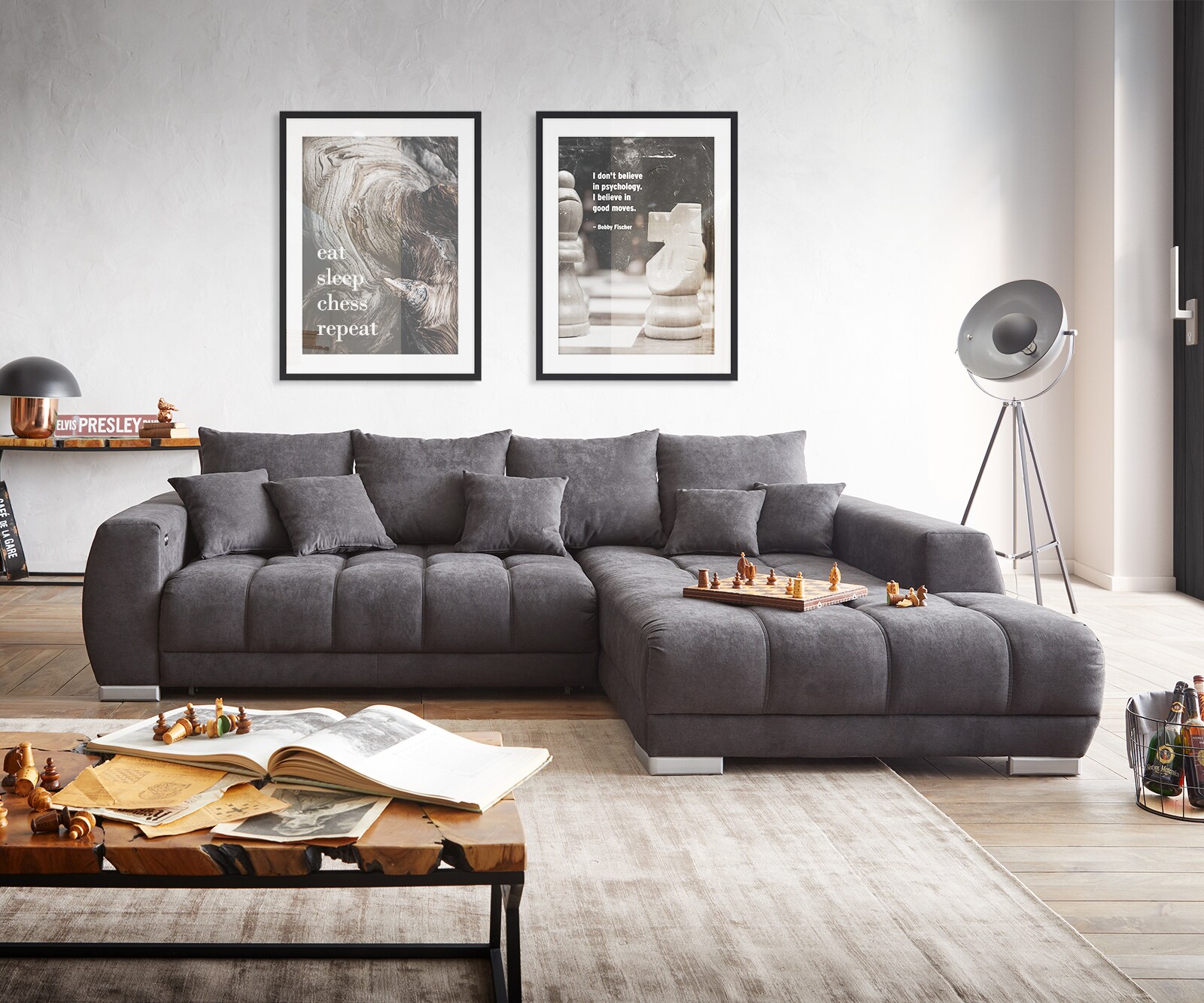 Ecksofa Nabor 300x230 cm Mikrofaser Schwarz Recamiere rechts inkl. elektrischer Vorziehfunktion