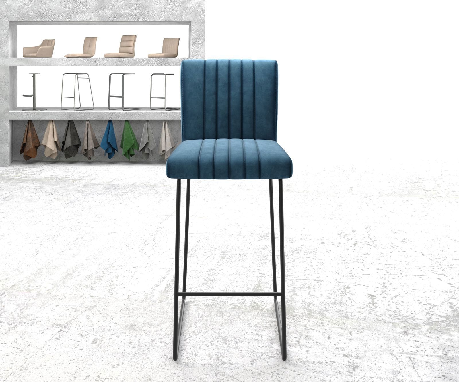 Barstuhl Luiga-Flex Samt Blau Kufengestell Metall 1 Barstuhl Luiga-Flex Samt Blau Kufengestell Metall 1