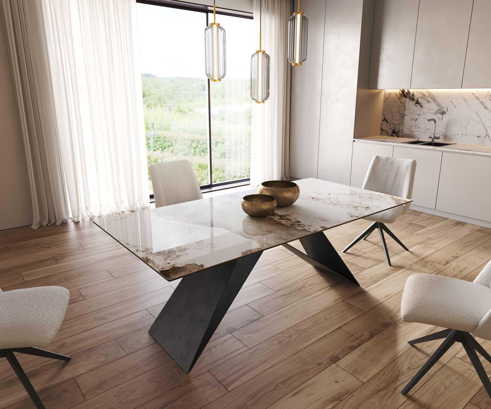 Esstisch Edge 200x100 Keramik Minas Melange Weiß-Beige V-Gestell Flachstahl Schwarz