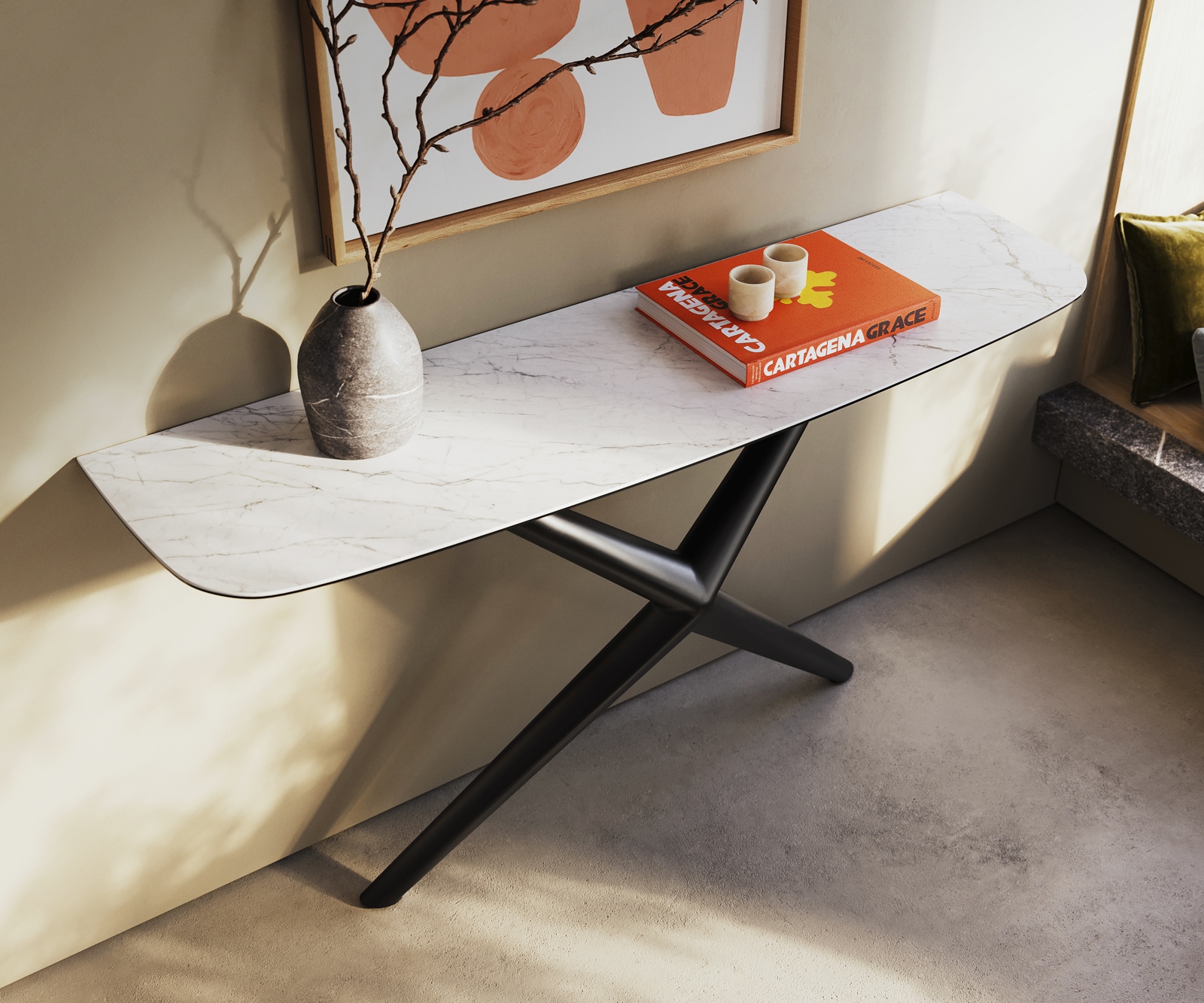 Konsolentisch Edge Boot 140x40 cm Keramik Laminam® Statuarietto Weiß Estelo Metall Schwarz 1
