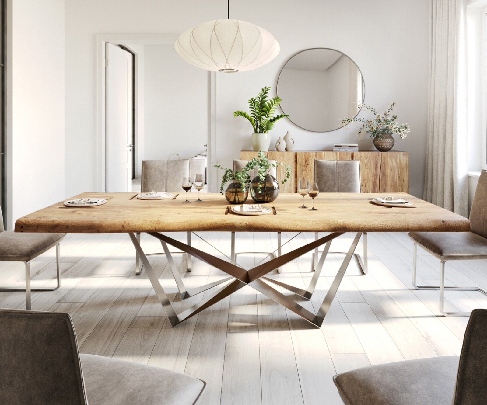 Table à manger Edge 280x100 XL acacia nature Spider acier plat acier inoxydable Live-Edge 1