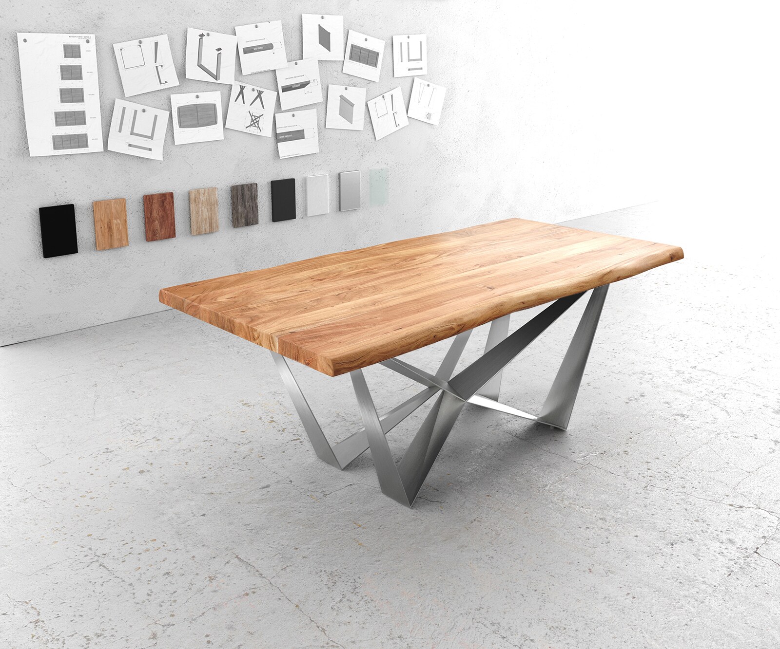 Esstisch Edge 200x100 XL Akazie Natur Spider Flachstahl Edelstahl Live-Edge