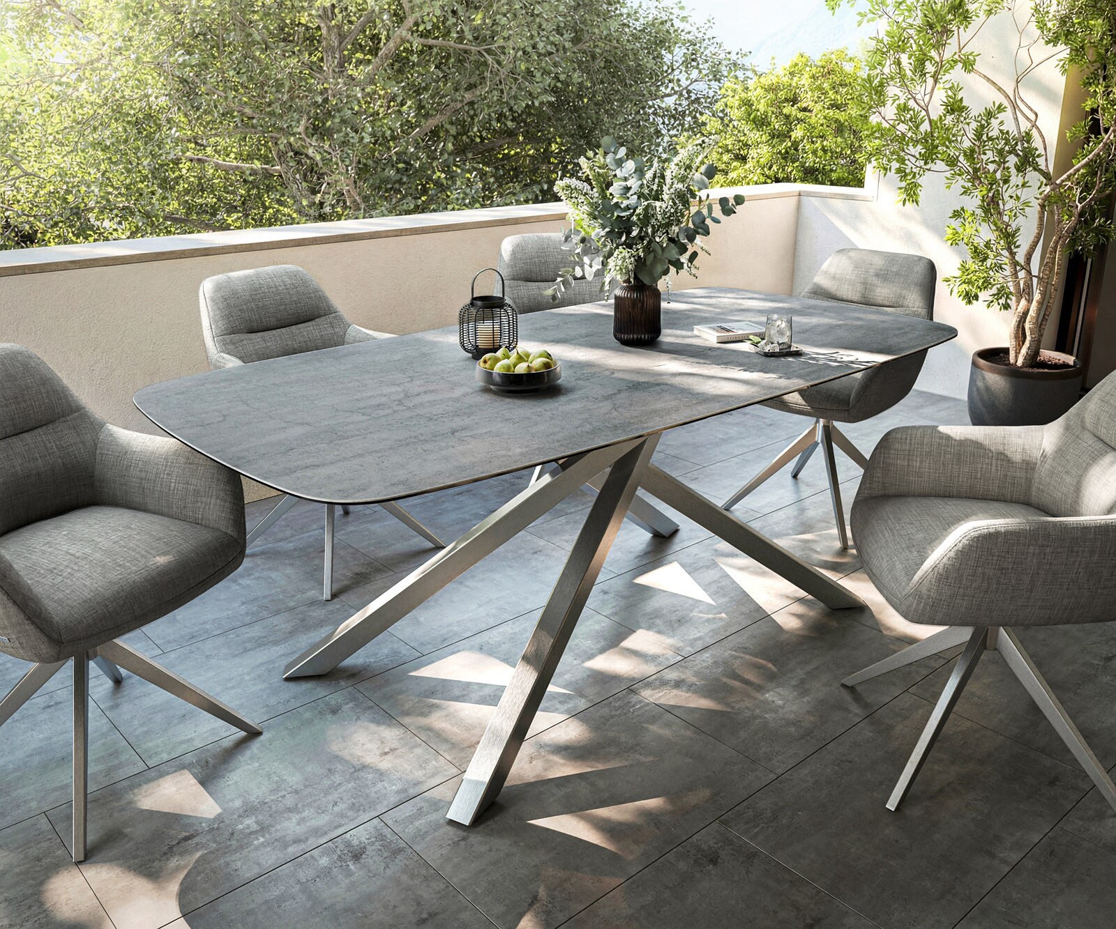 Table d’extérieur Edge bateau 200x100 cm céramique béton gris piètement croisé rectangulaire inox 1