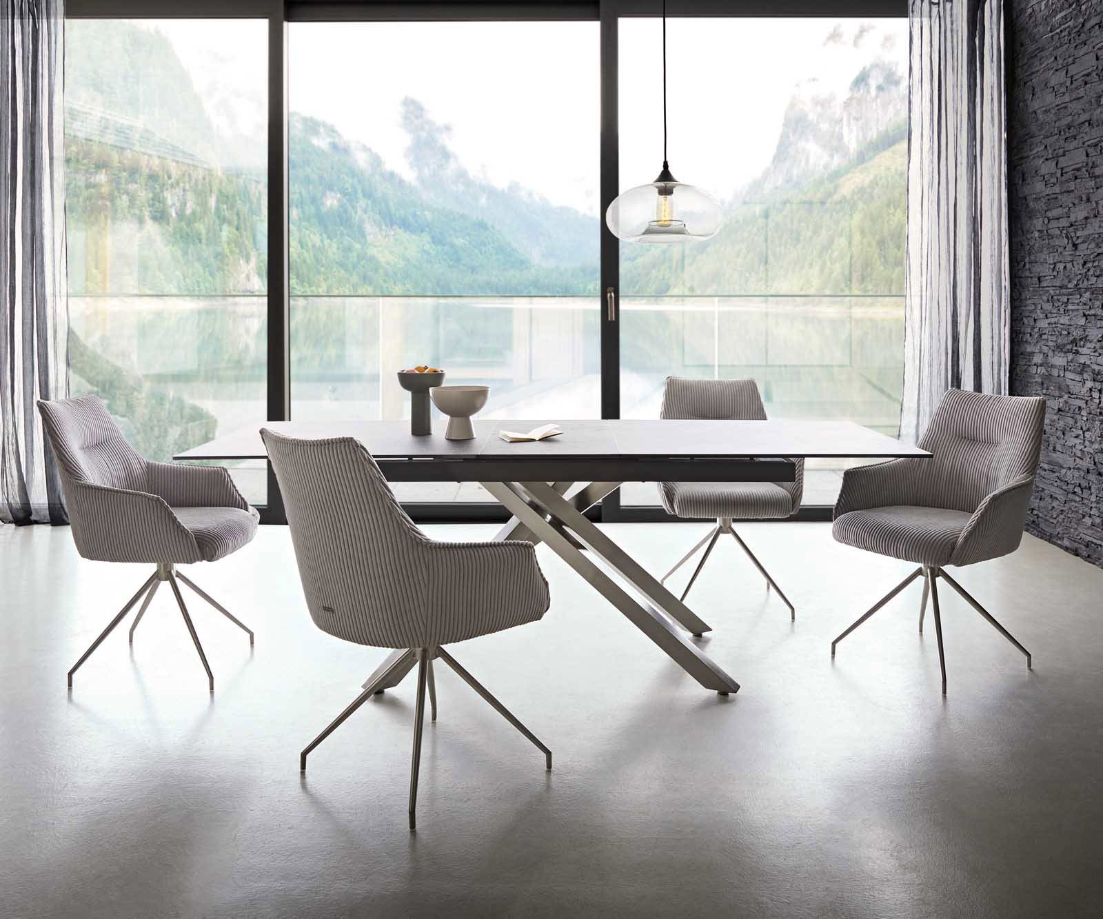 Drehstuhl Alja-Flex mit Armlehnen Cord Silbergrau Kreuzgestell konisch Edelstahl 180° drehbar Taschenfederkern 3 Drehstuhl Alja-Flex mit Armlehnen Cord Silbergrau Kreuzgestell konisch Edelstahl 180° drehbar Taschenfederkern 3