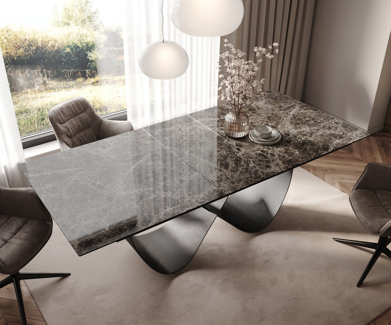 Esstisch Edge 180-220x100 Keramik Emperador Extra Lucidato Dunkelbraun Infinity Metall Schwarz ausziehbar 4