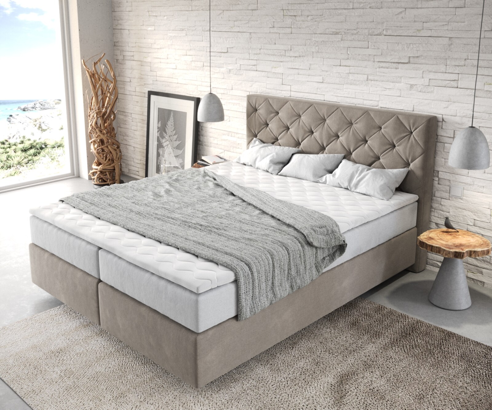 Boxspringbett Dream-Great 160x200 cm Mikrofaser Beige mit TFK Matratze und Visco Topper 3