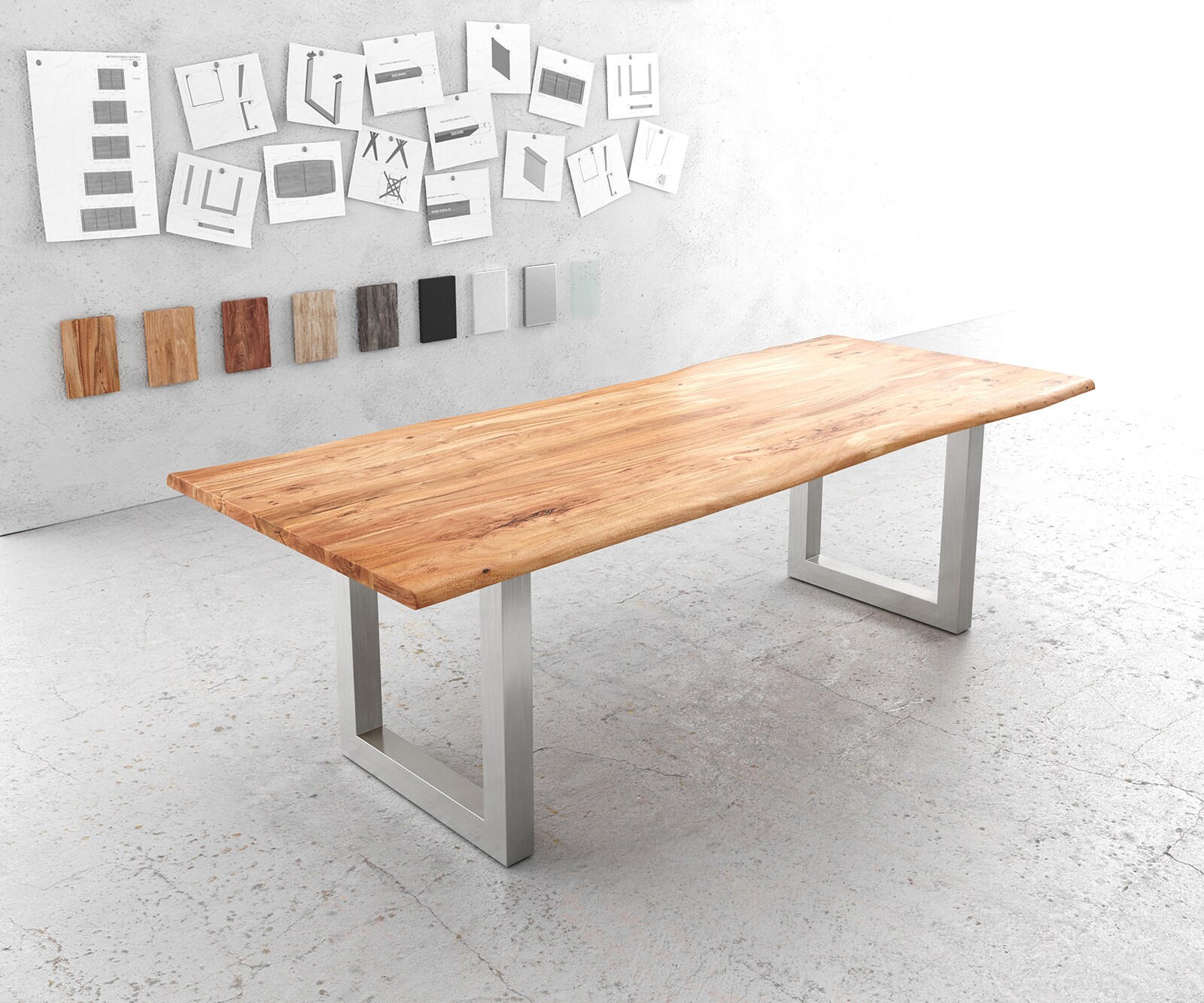 Esstisch Edge 240x100cm Akazie Natur Edelstahl breit Live-Edge 1