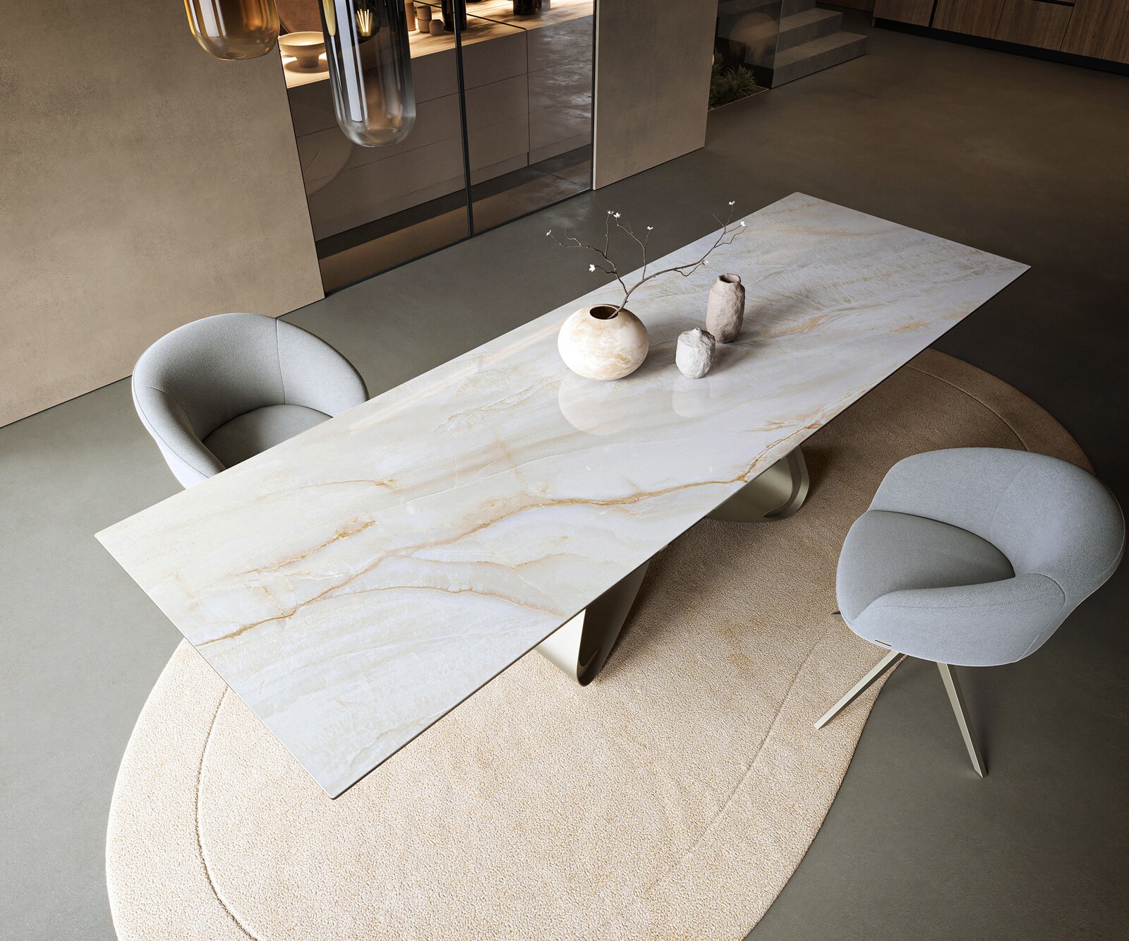 Table à manger Edge 300x100 cm céramique Onyx Pearl piètement en W métal finition effet titane 3