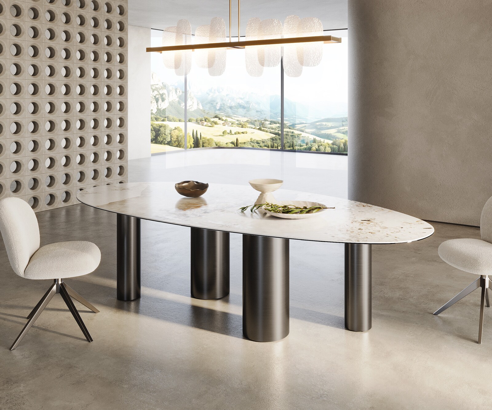 Table à manger Edge Ovale 280x130 Céramique Minas Melange Blanc-Beige Pilier Acier inoxydable Graphite 3