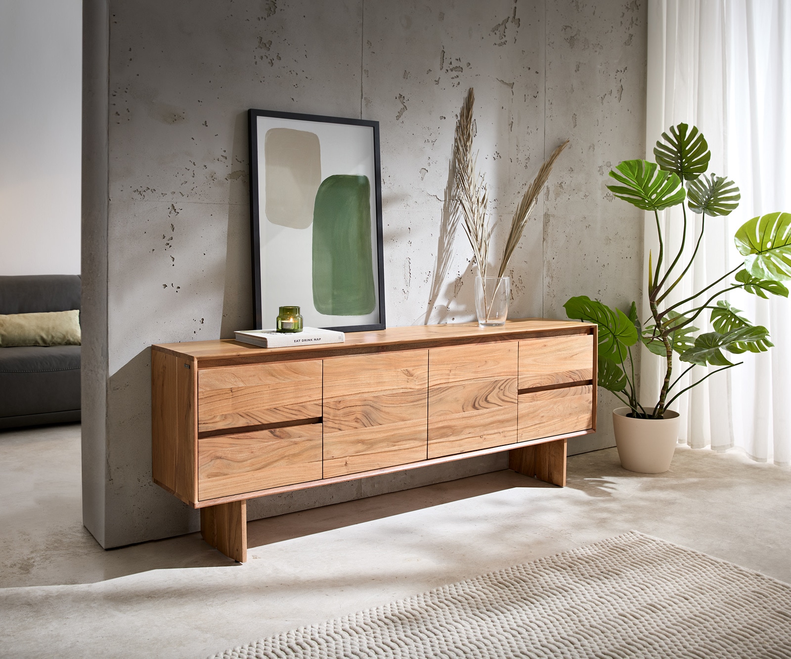 Lowboard Elandor 175 cm Akazie Natur 2 Türen 4 Schubladen Holzfuß Lowboard Elandor 175 cm Akazie Natur 2 Türen 4 Schubladen Holzfuß