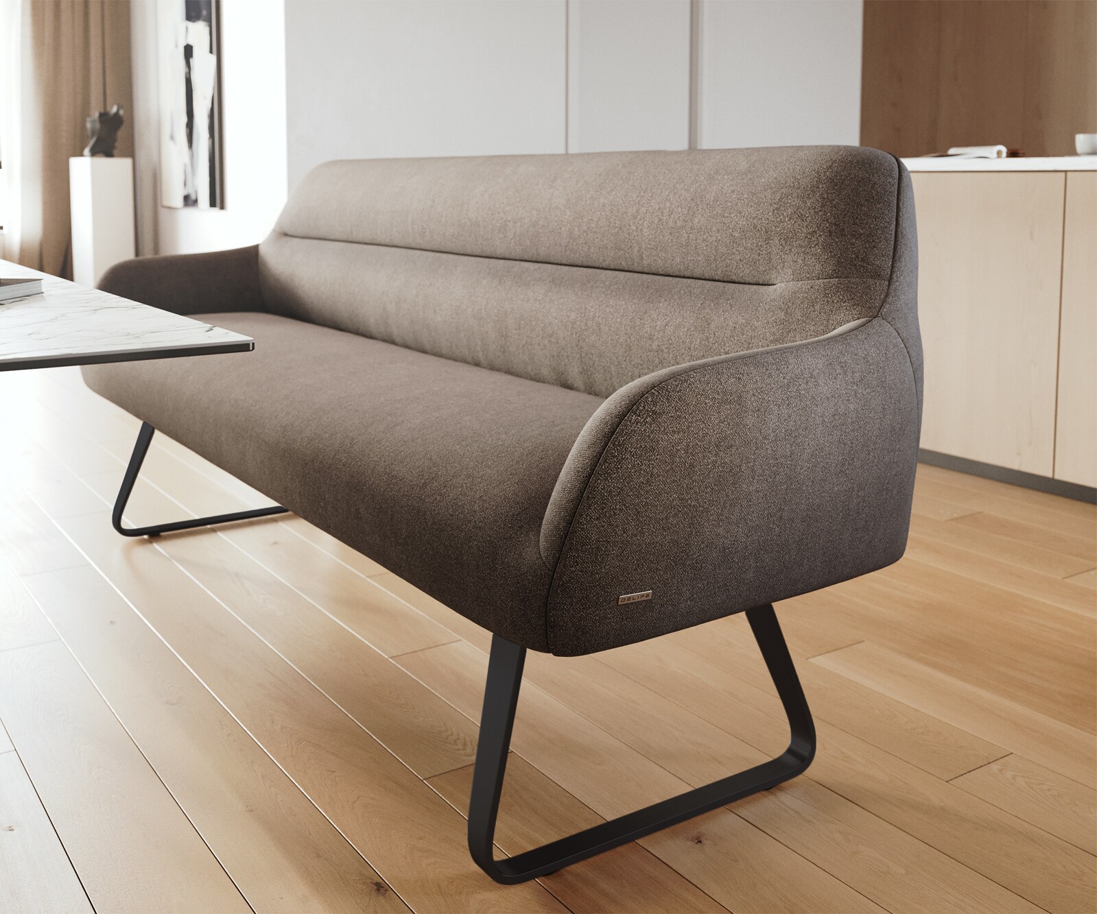 Banc-de-salle-à-manger Taya-Flex 200 cm tissu structuré doux taupe châssis à patins plat noir ressort ensaché 5