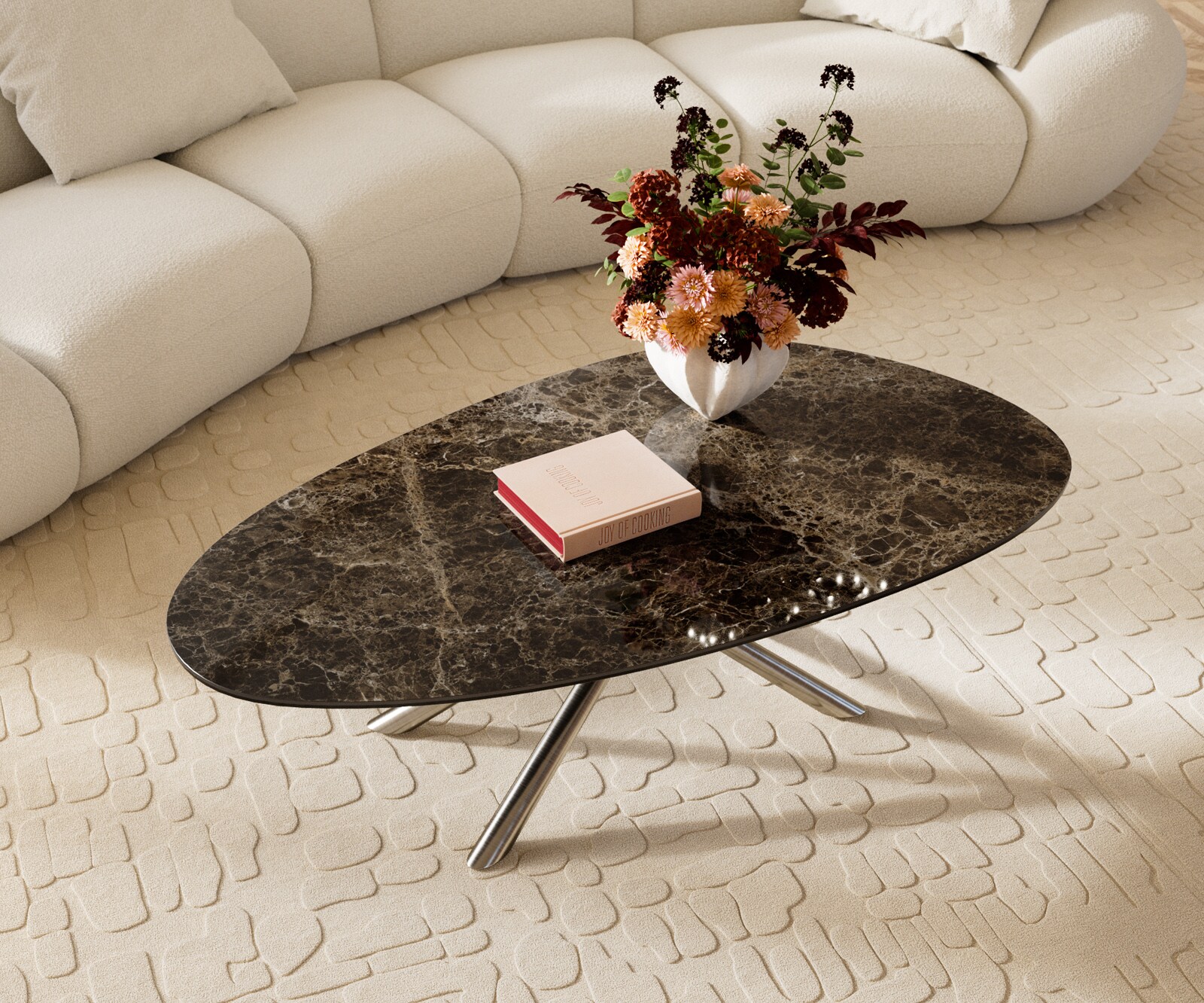 Table basse Edge ovale 140x75 cm céramique Emperador Extra Lucidato brun foncé Sarity acier inoxydable brossé 4