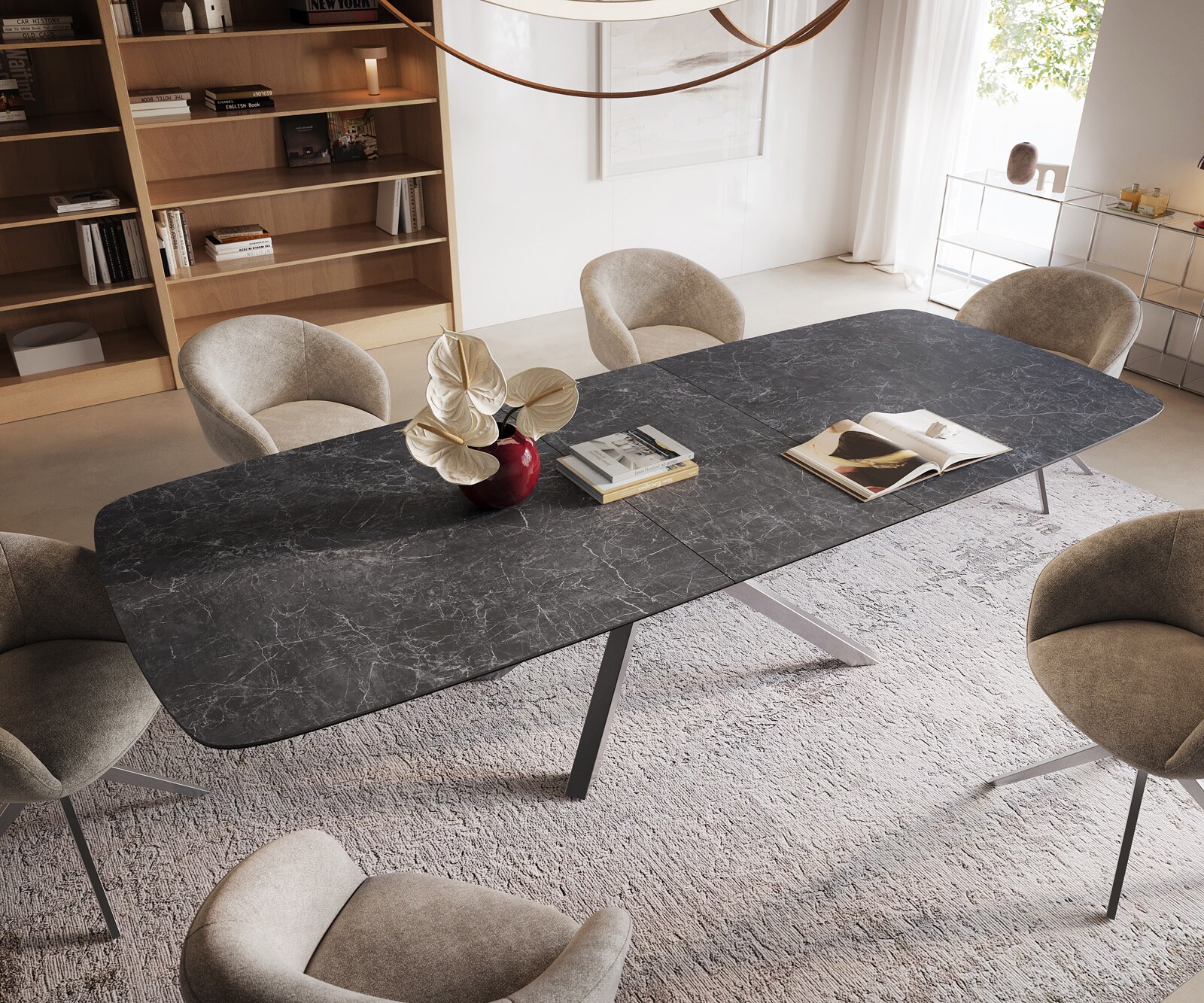 Esstisch Edge Boot 240-300x120 cm Keramik Laminam® Nero Greco Anthrazit Kreuzgestell Rechteck Edelstahl ausziehbar 3