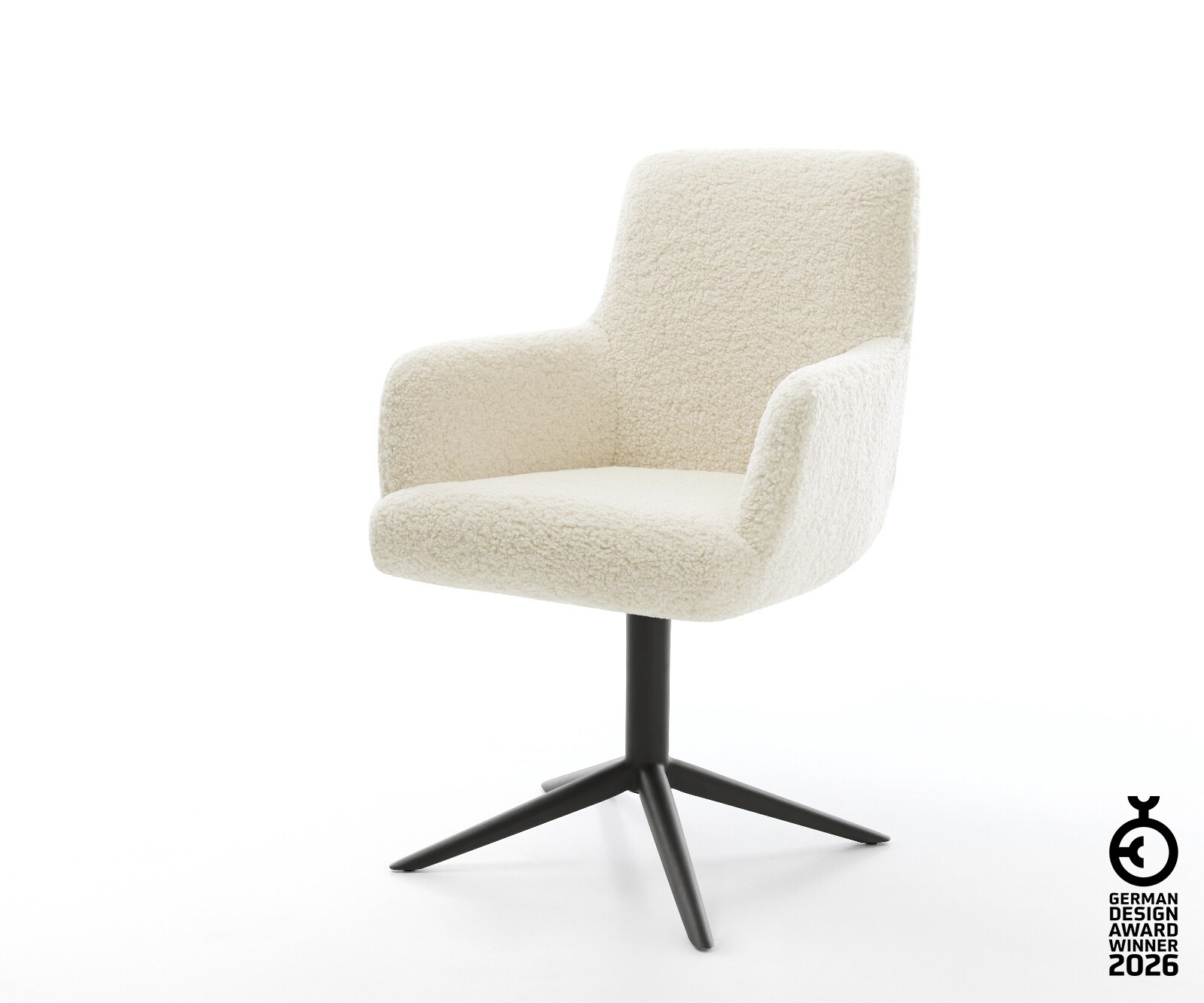 Drehstuhl Heira-Flex mit Armlehnen Teddystoff Beige Fußkreuz Schwarz 360° drehbar Wippfunktion Taschenfederkern 1